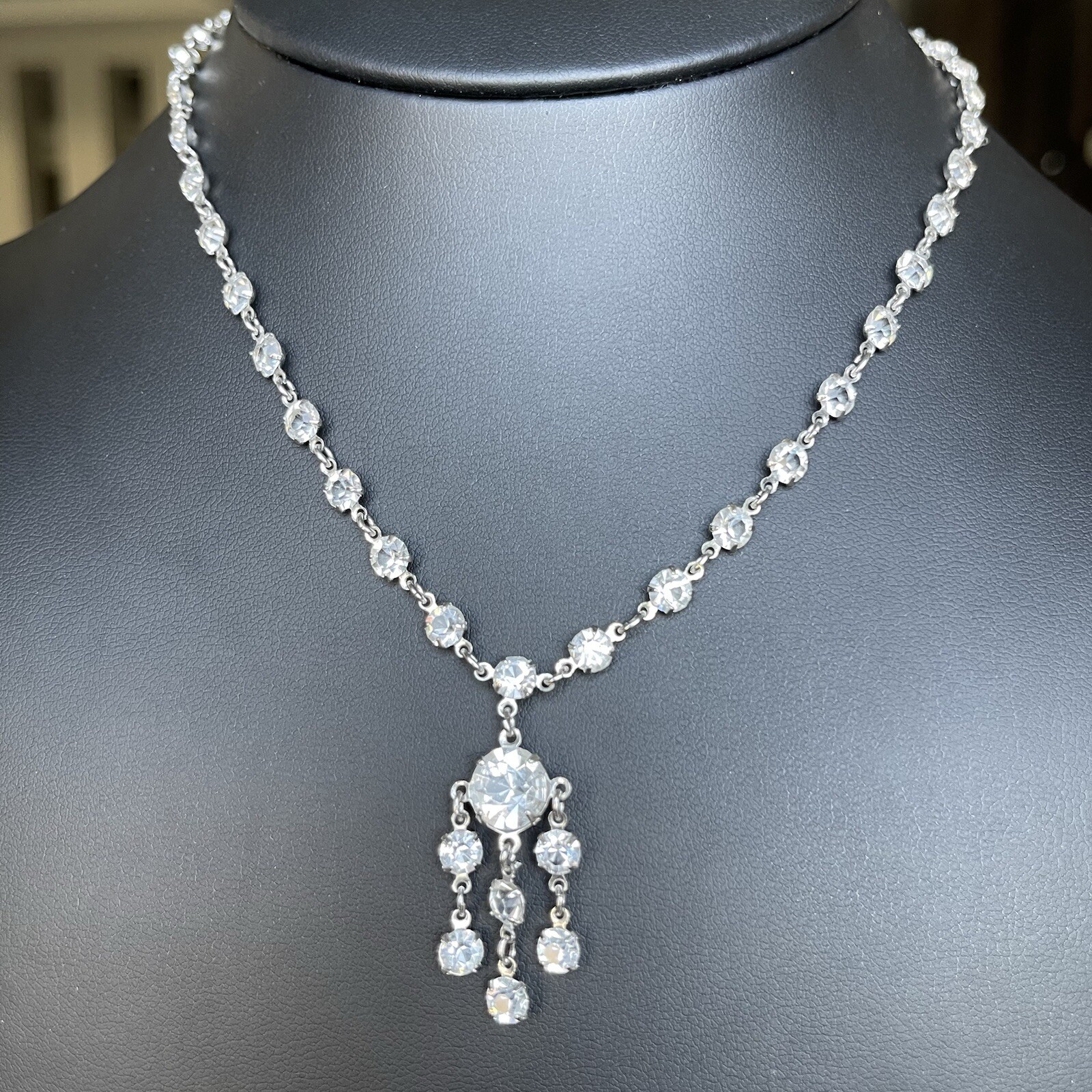 Vintage Round Open Back Glass Crystal Necklace Bezel Set Drop Dangles 15” Length
