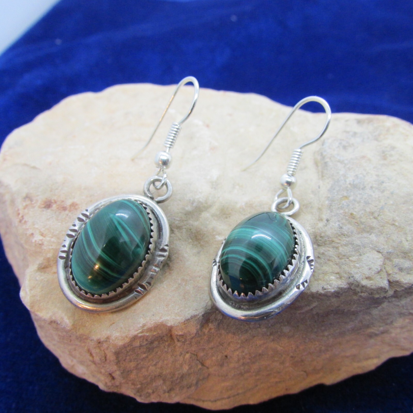 VINTAGE S W N A STERLING MALACHITE DANGLE EARRINGS SIGNED BENS
