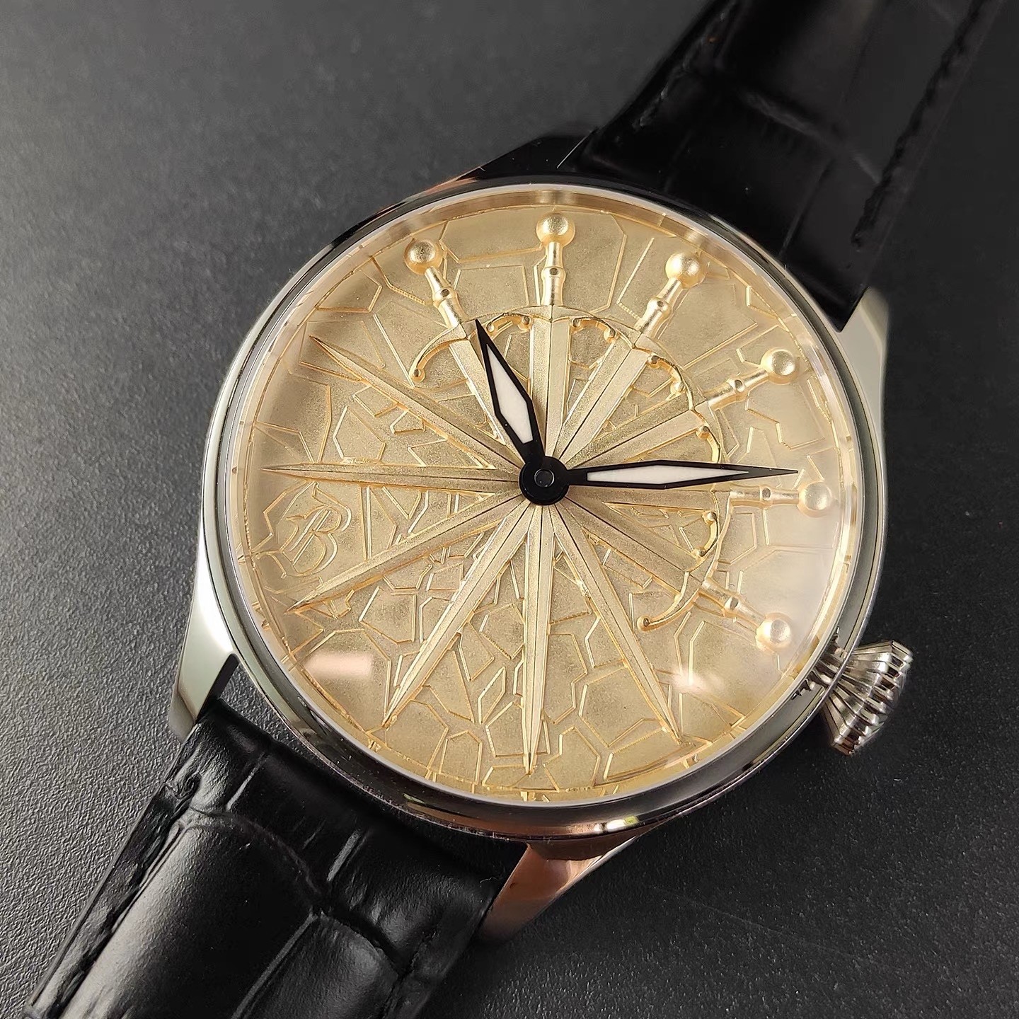 Parnis 44MM Classic Luxury Gold Excalibur Swords Hand-Wound Watch Seagull ST3600