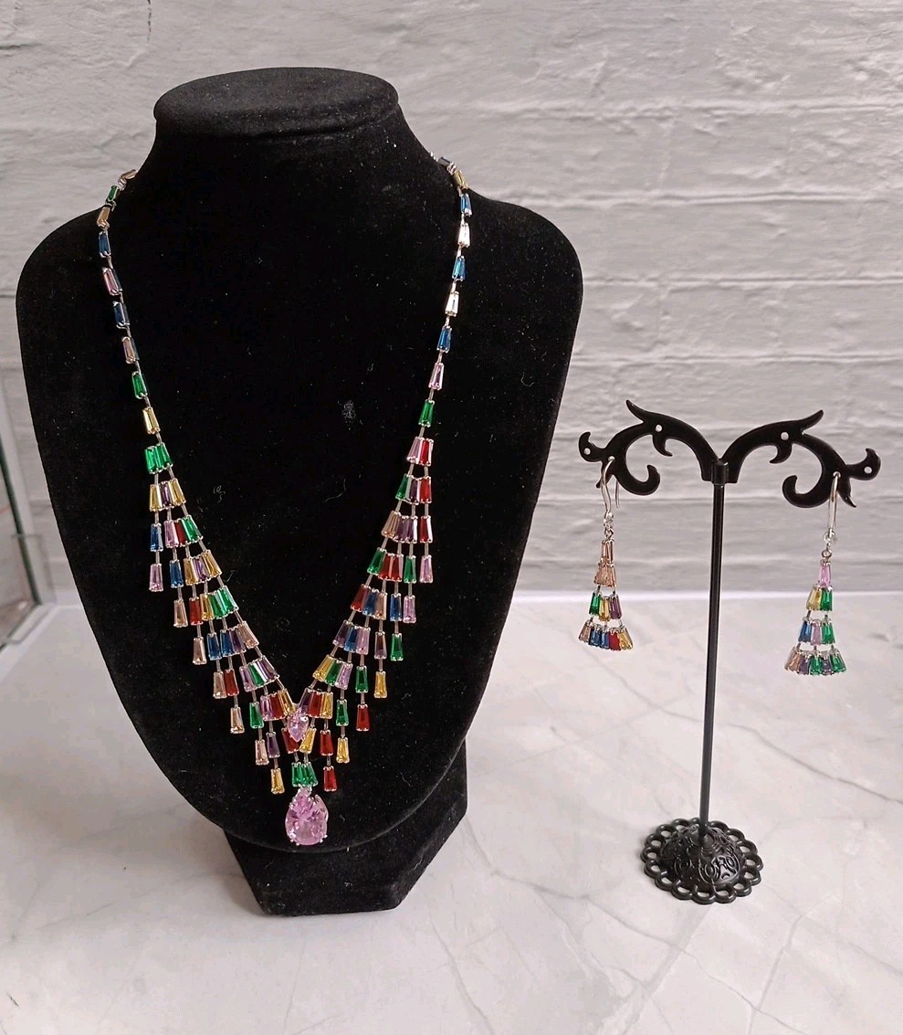Silver Tone Multi Colour Stone (Red Green Pink Blue) Necklace & Earrings 16-19″