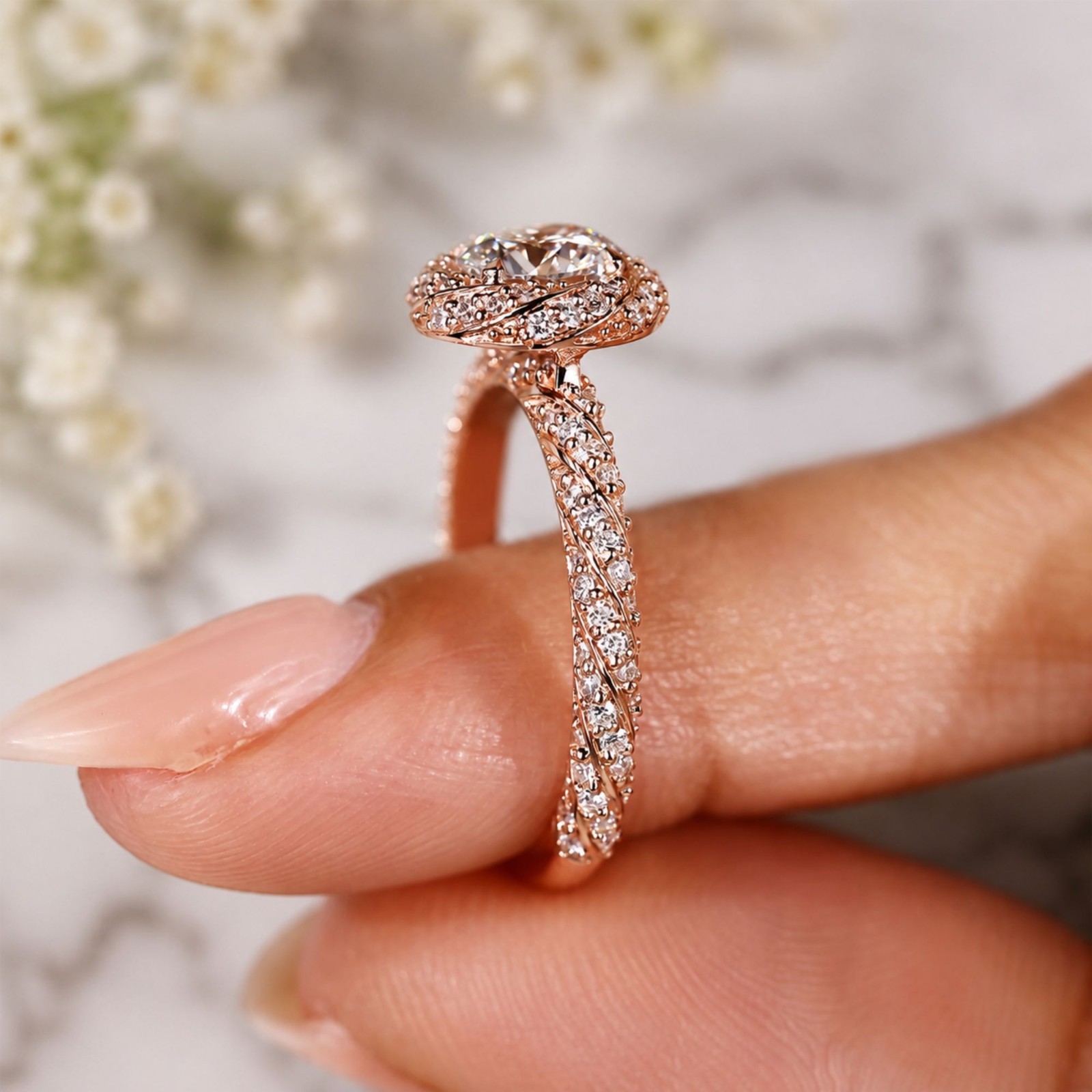 1.00 CT Sterling Silver Round Cut Diamond Ring in Halo Style with Twisted Design