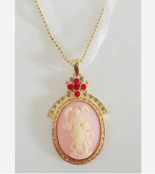 (Set of 3) Flower Pink Angel Cameo Vintage Style Dangle Pendant Chain Necklace