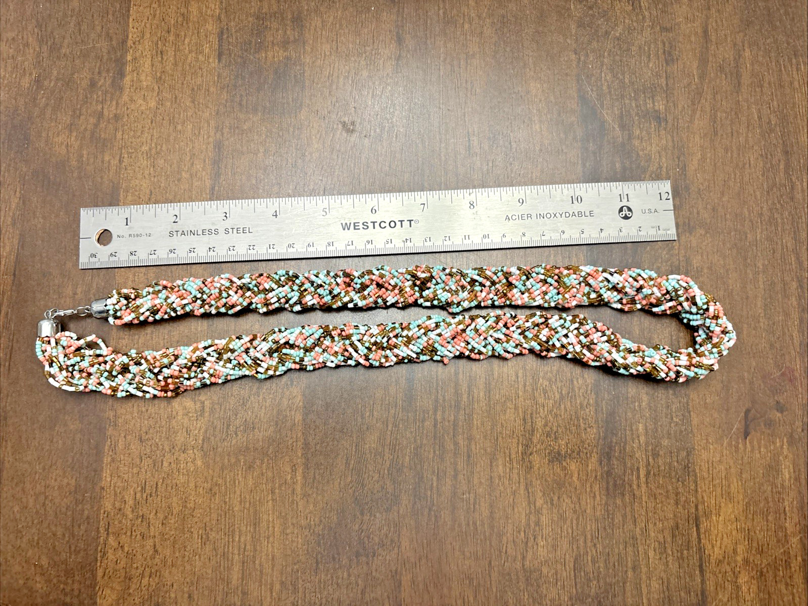 Handcrafted Beaded Necklace Brown Pink Turquoise White Pattern 24 Inch Long