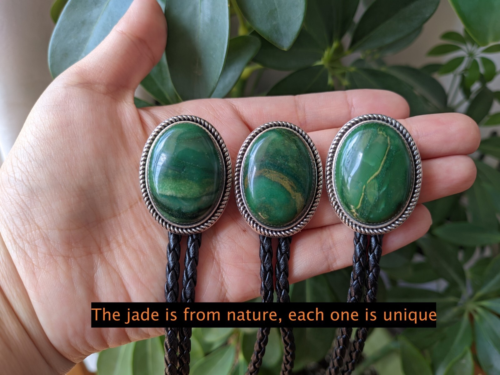 Golden Green Forest Jade Bolo Tie Wedding Necklace for Men Women Western Cowboy