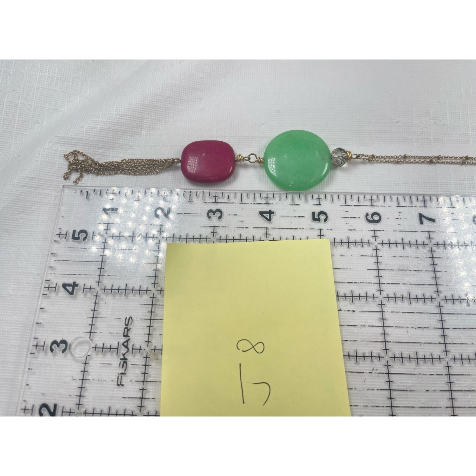 Envious Magenta Red & Green Acrylic Cabochon Stones w Tassel Pendant 36″ Long
