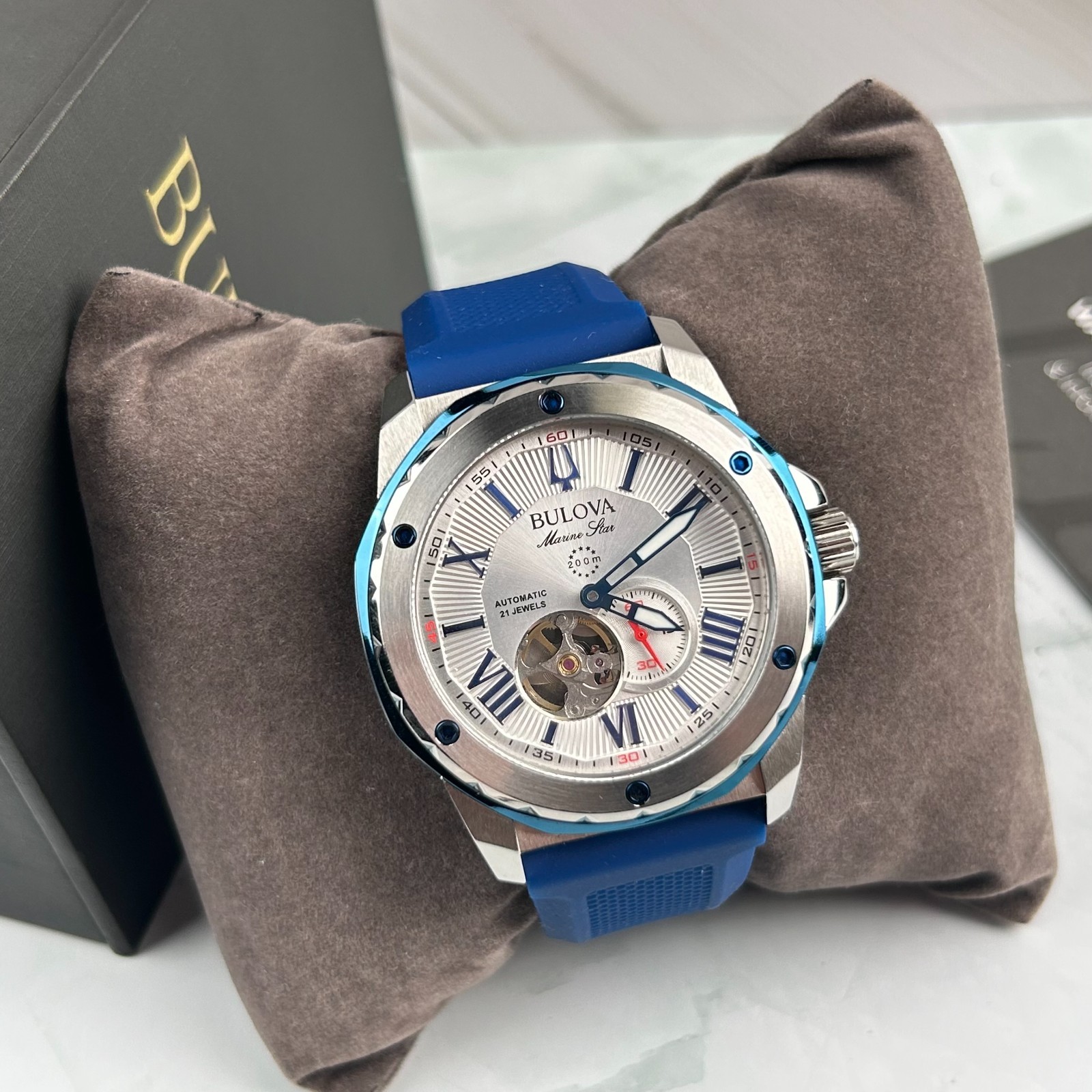 Bulova 98A225 Marine Star White Dial Silicon Blue Strap Men’s Automatic Watch