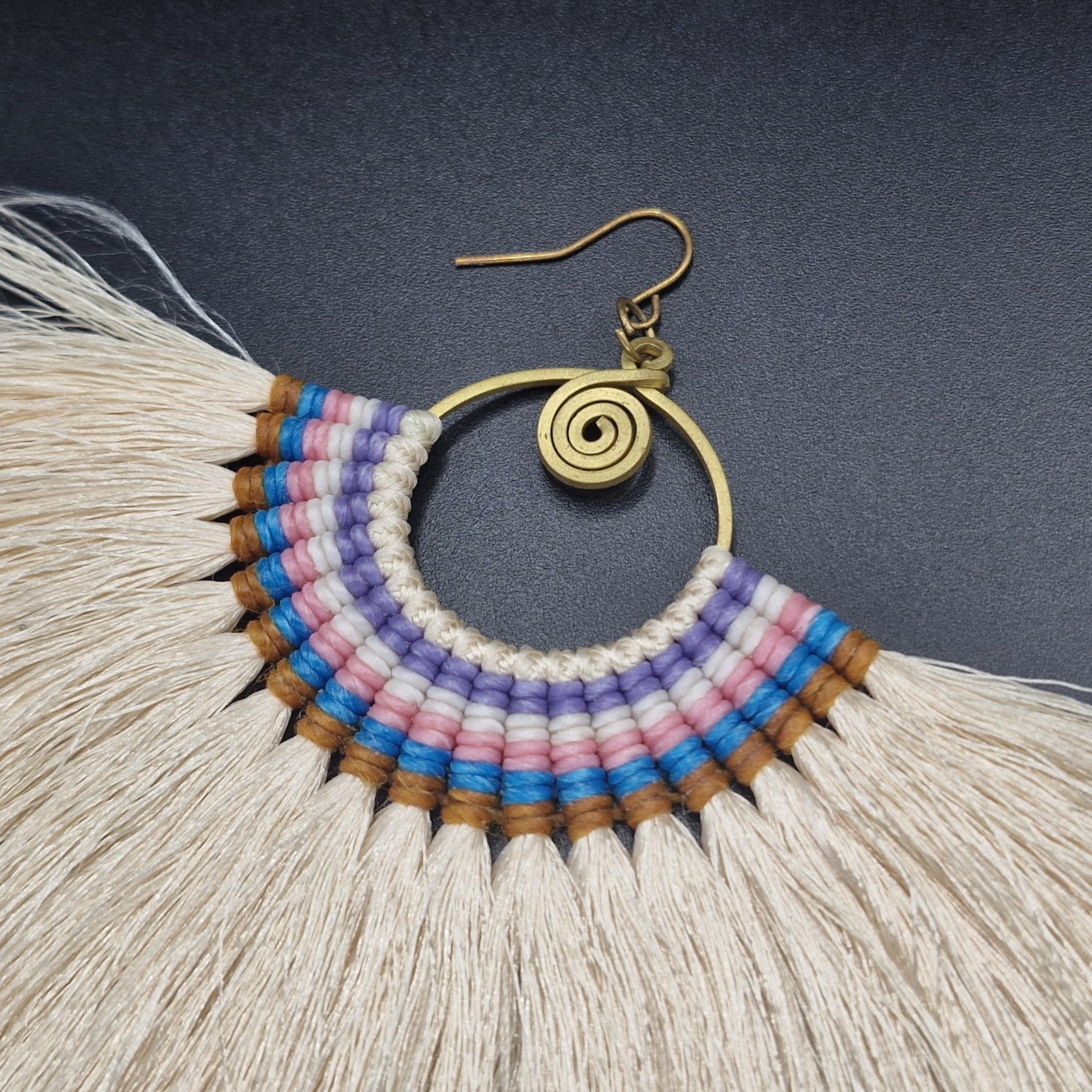 SW Style Large Runway Tassel Macrame Earrings Brass Blue, Orange, Tan 3.5 X 4.5″