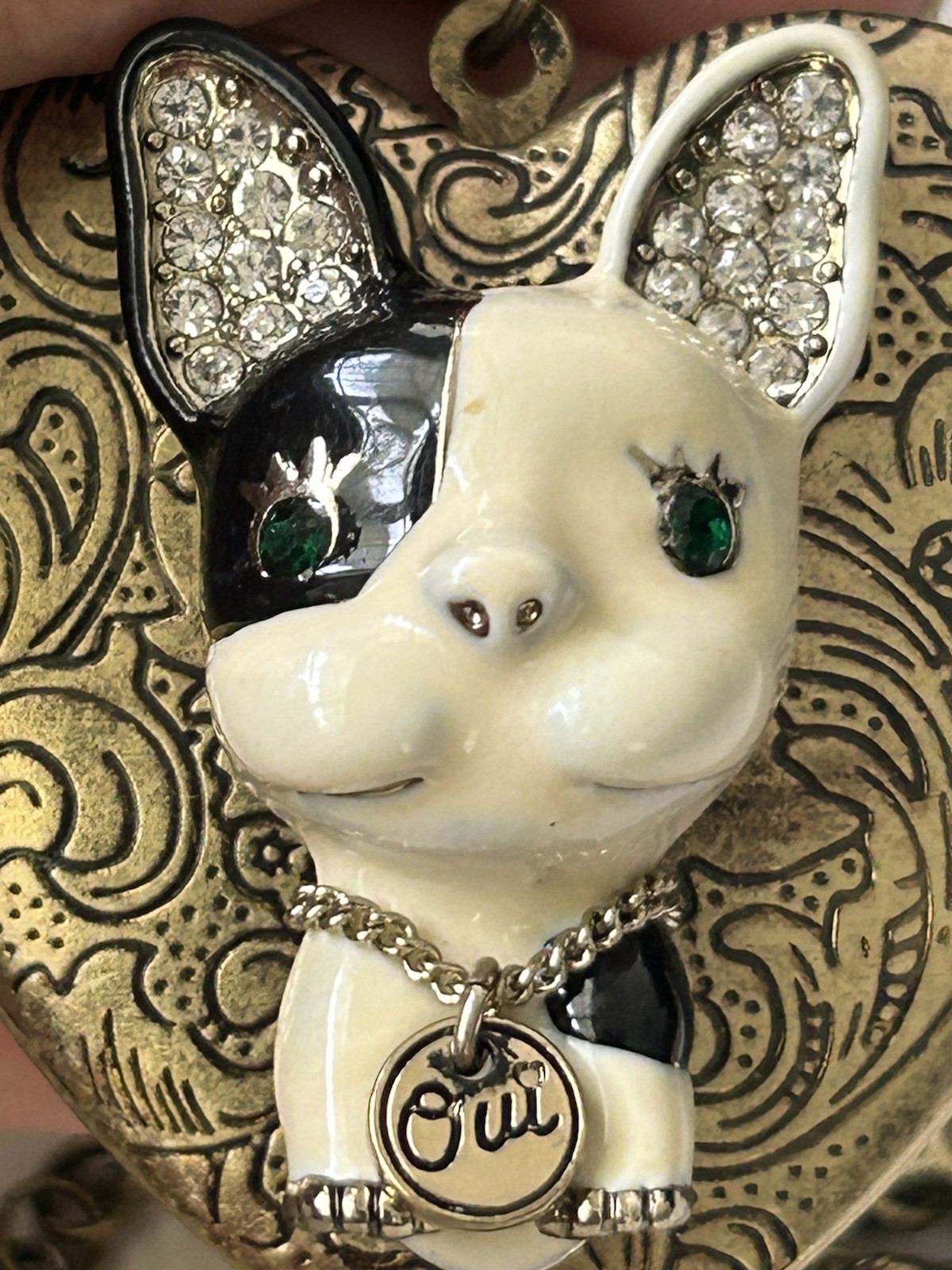 Betsey Johnson Enameled French Bulldog Dog Heart Locket Charm Necklace Signed