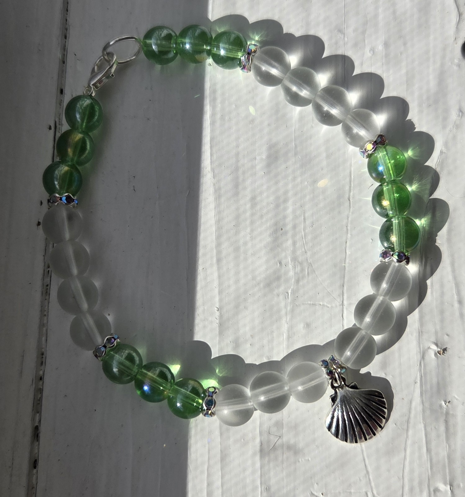 Green & White Beaded Charm Bracelet Shell Dangle, Lobster Clasp Beach