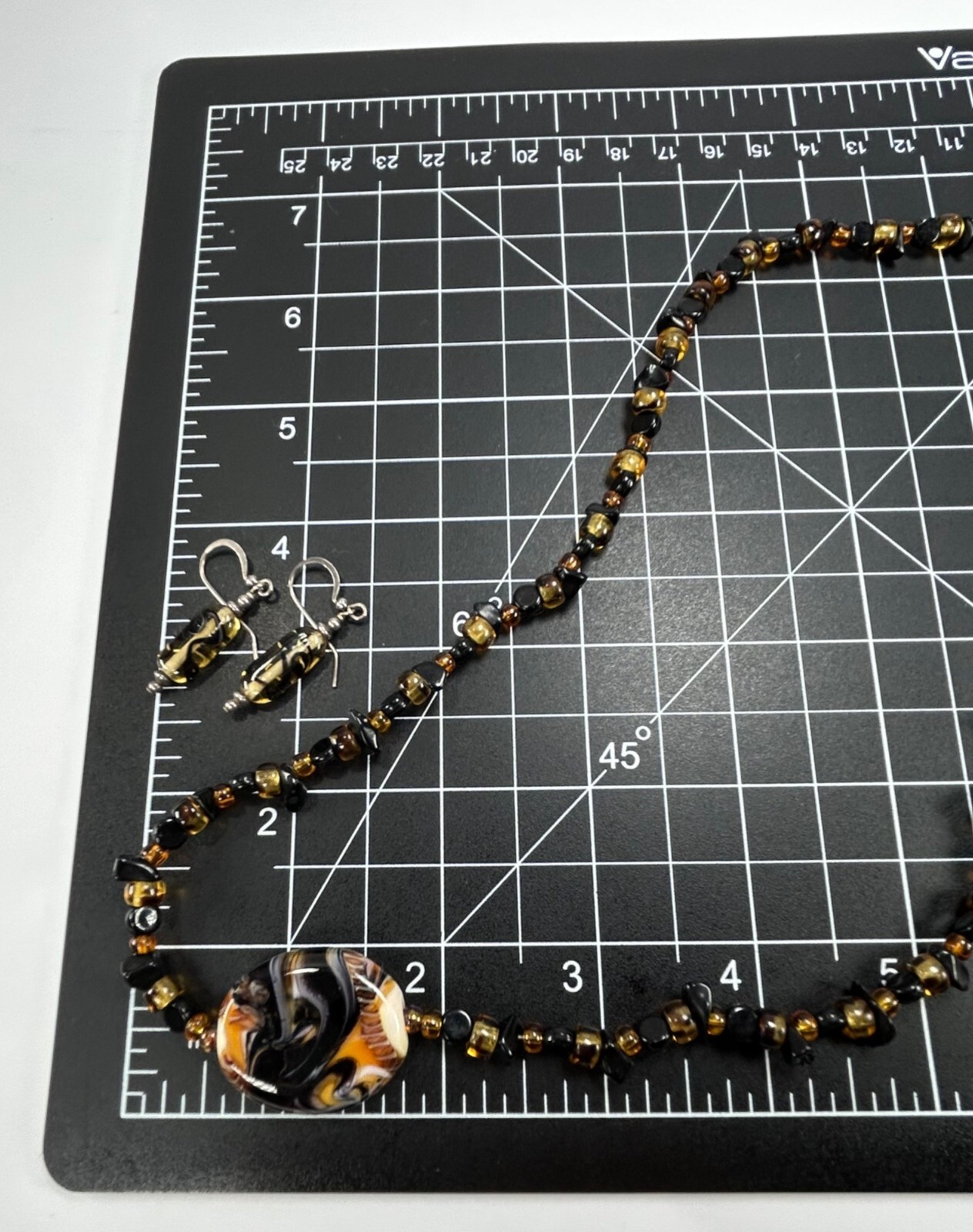 925 Glass Beaded Necklace Earrings Set Swirled Orange Amber Brown Black White