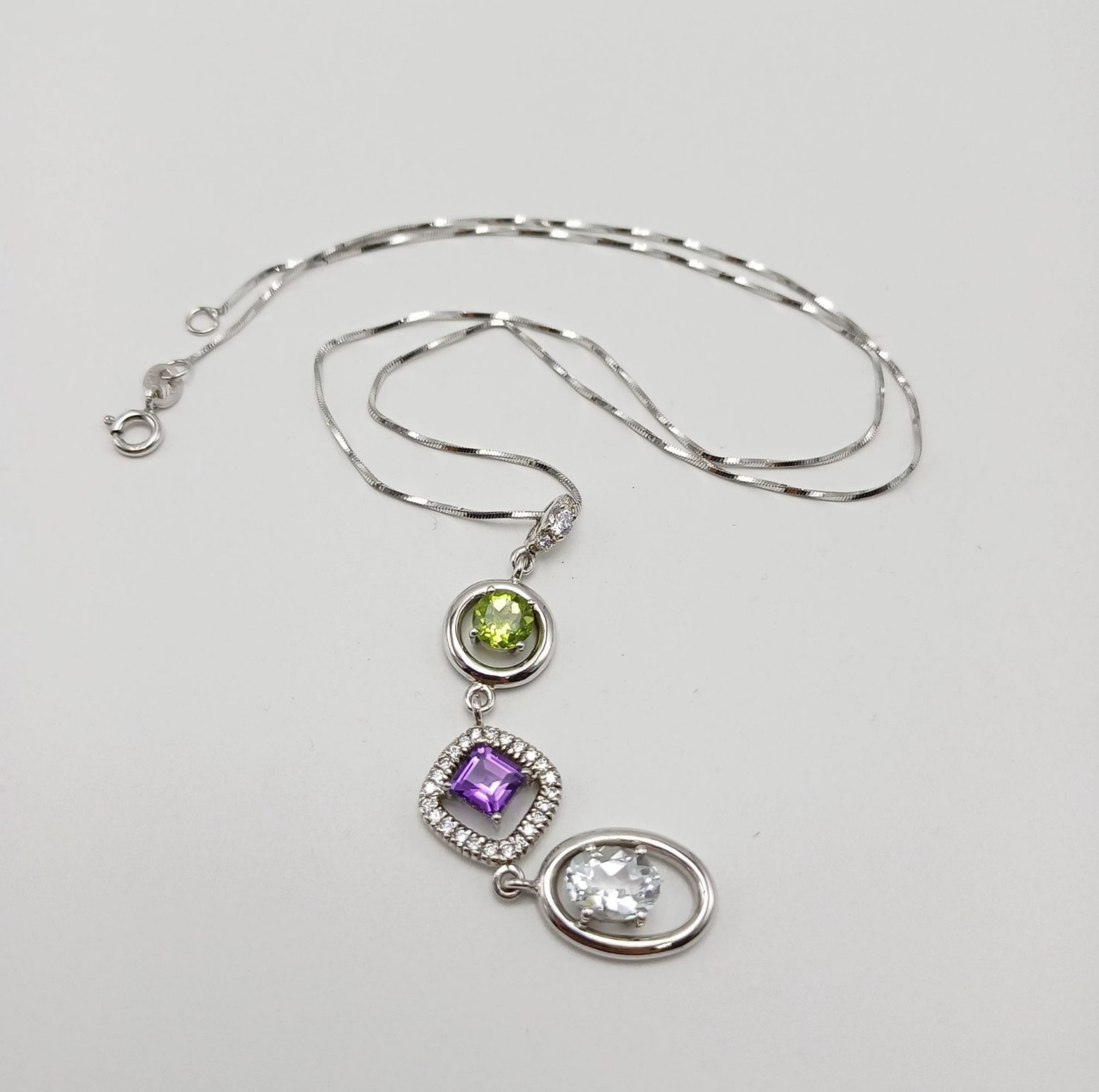 Statement 925 Sterling Silver Necklace Women Multi Stone CZ Geometric Dangle