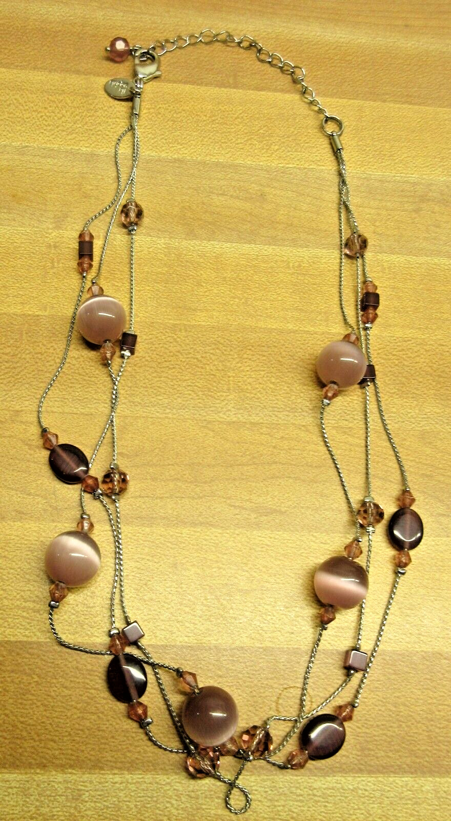SIGNED LIA SOPHIA bead Necklace pink purple shade thin silver tone multi chain