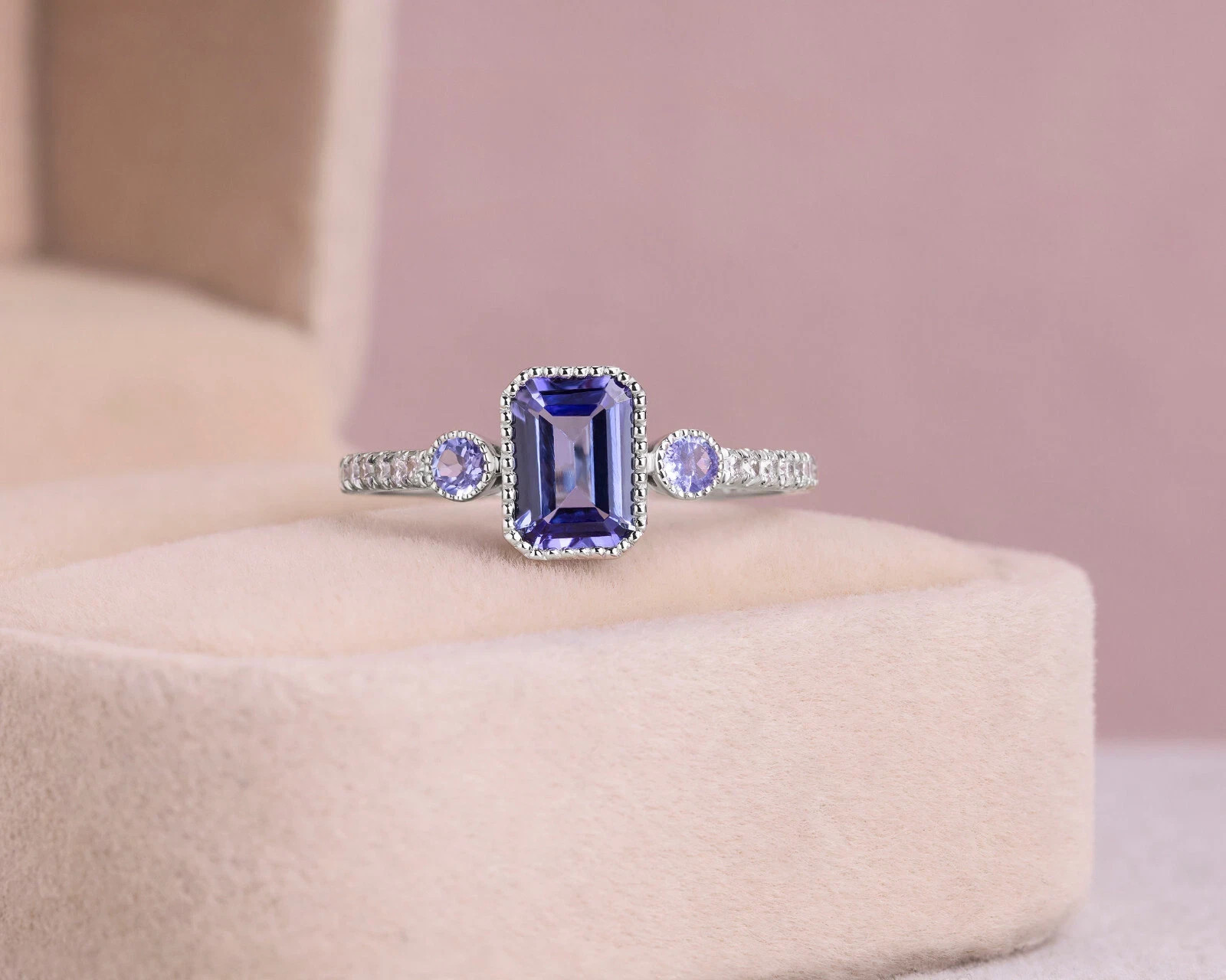 1.24 Ct Emerald Cut Natural Tanzanite & Diamond Wedding Ring 14K White Gold