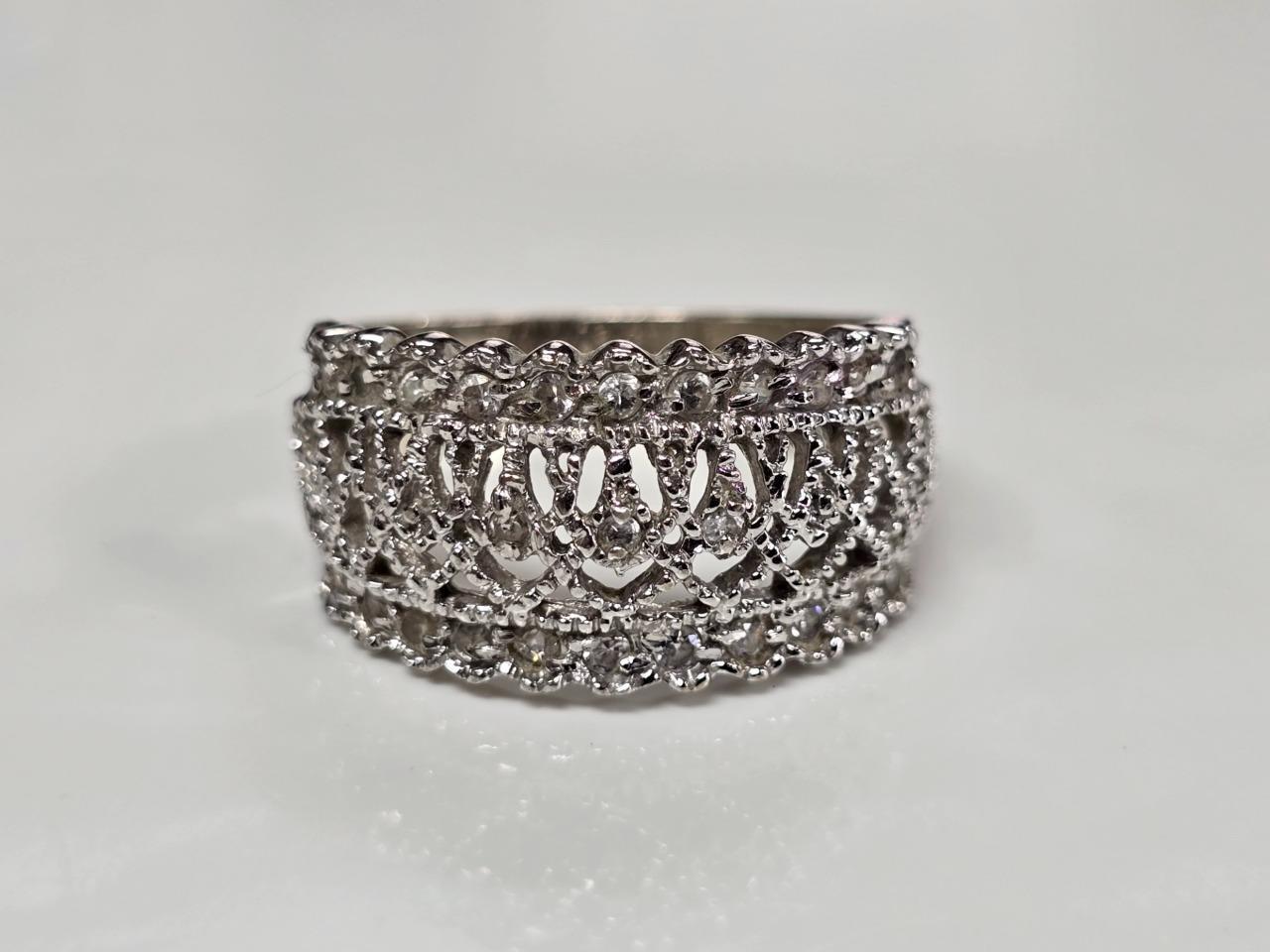 Sterling Silver Clear Stones Filigree Band Ring ~ Sz 9.75 ~ 6 g ~ 2-A406