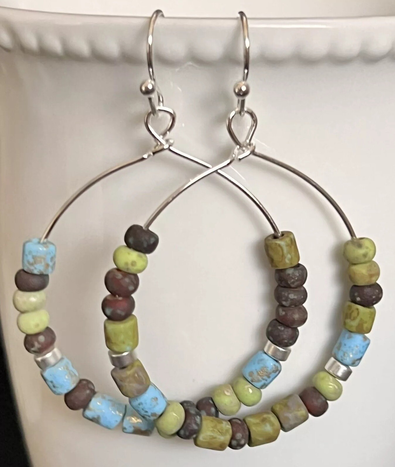 Silver Hoops with Green, Blue and Brown Beads. Boho Chic