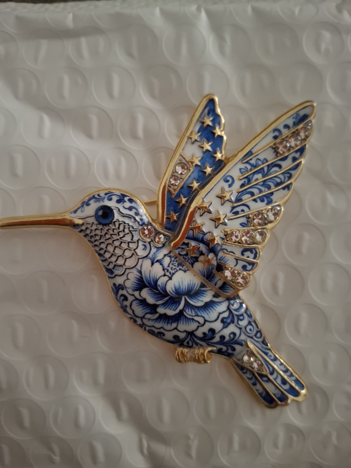 Hummingbird Brooch Pin Gold Tone Blue White Enamel Clear Round Rhinestones