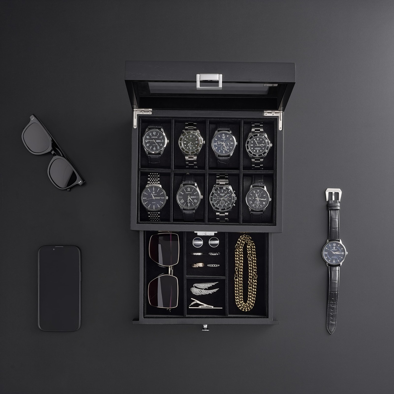 8-Slot Wooden Watch Box with Drawer, 2-Layer Jewelry Organizer, Gift for Men & W