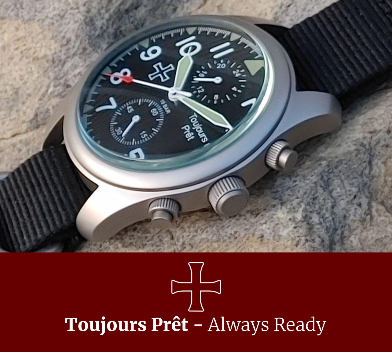 Toujours Pret GMT military field watch. Blasted stainless steel – domed crystal