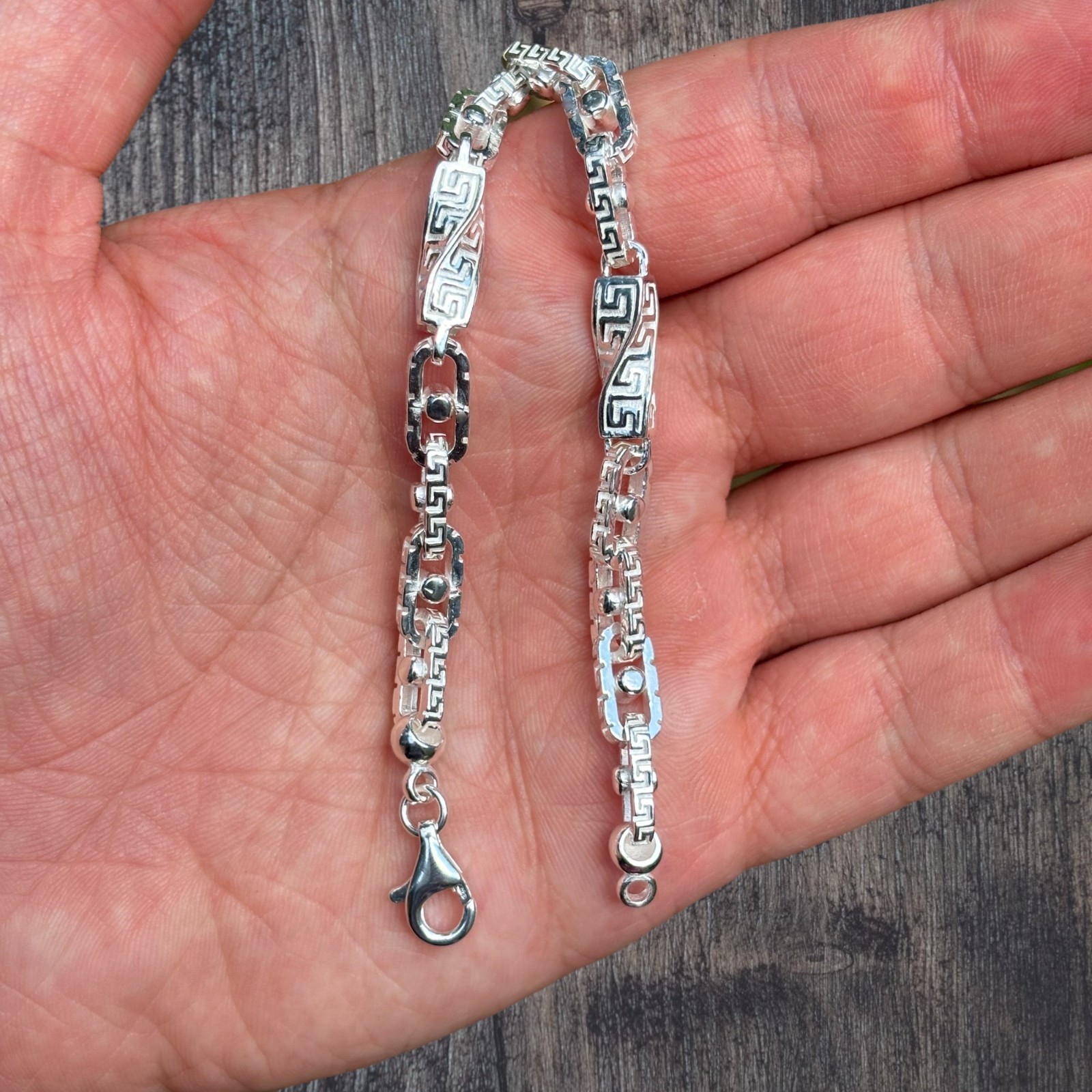 7mm Greek Key Rolo Link Bracelet – Real Solid 925 Sterling Silver MADFE IN ITALY