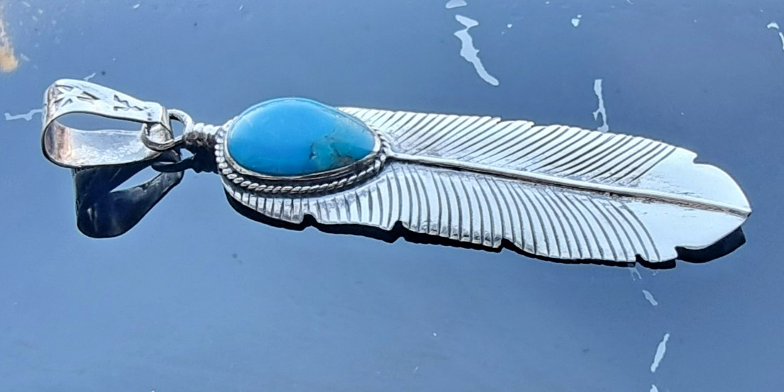 925 STERLING SILVER BLUE 17X12 MM. TEARDROP TURQUOISE FEATHER PENDANT