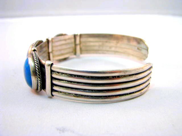 Solid Sterling Silver 900 Bangle With Larimar Bracelet Circa 1950