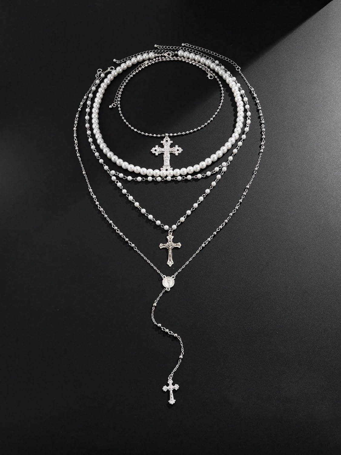 Silver Layered Cross Necklace Set for Women, 4Pcs Pearl Rosary Choker Chunky Chr