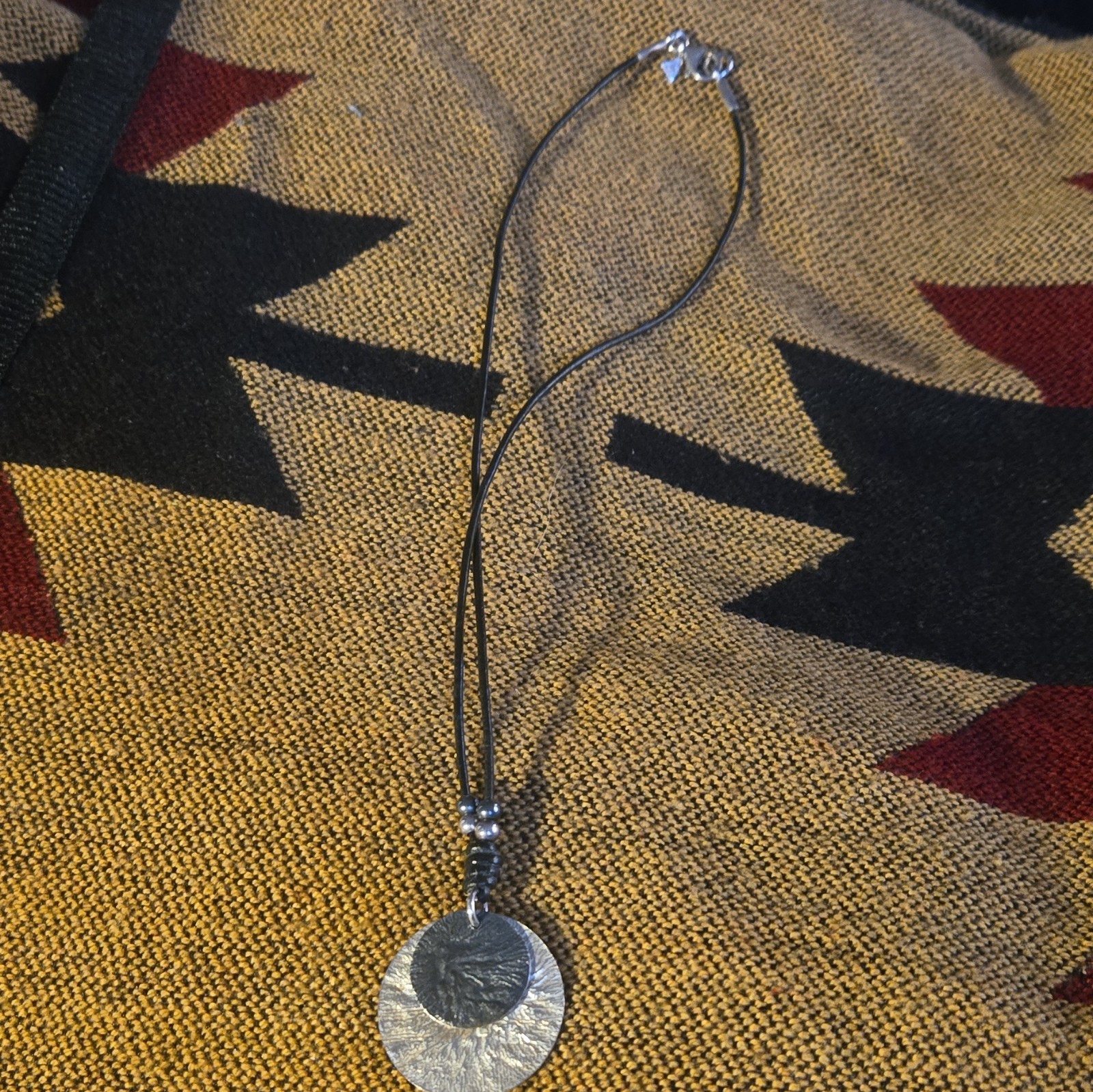 Round Silver Tone Disc Pendant Necklace Black Cord Lobster Clasp No Stone