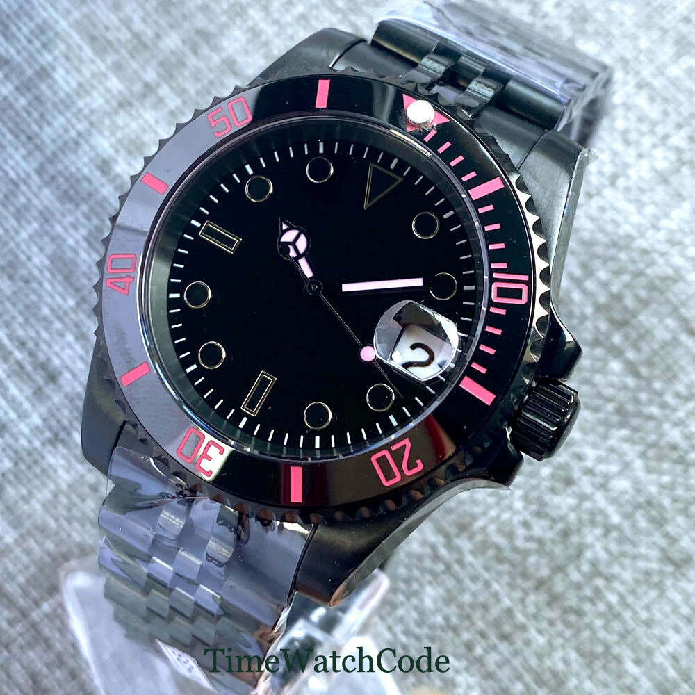 40mm Sapphire Automatic Mechanical Mens Watch NH35 Date Black PVD Steel Bracelet