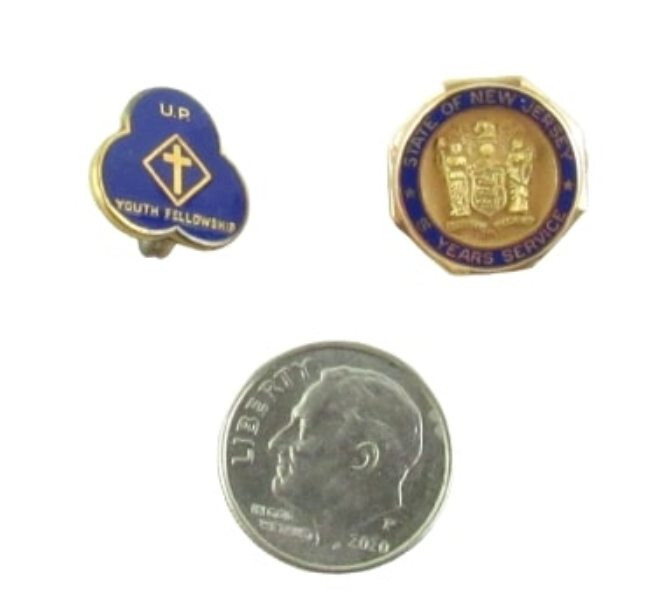 10K Gold Filled Youth Fellowship & NJ 5 Years Service Enamel Pins Brooches Vtg