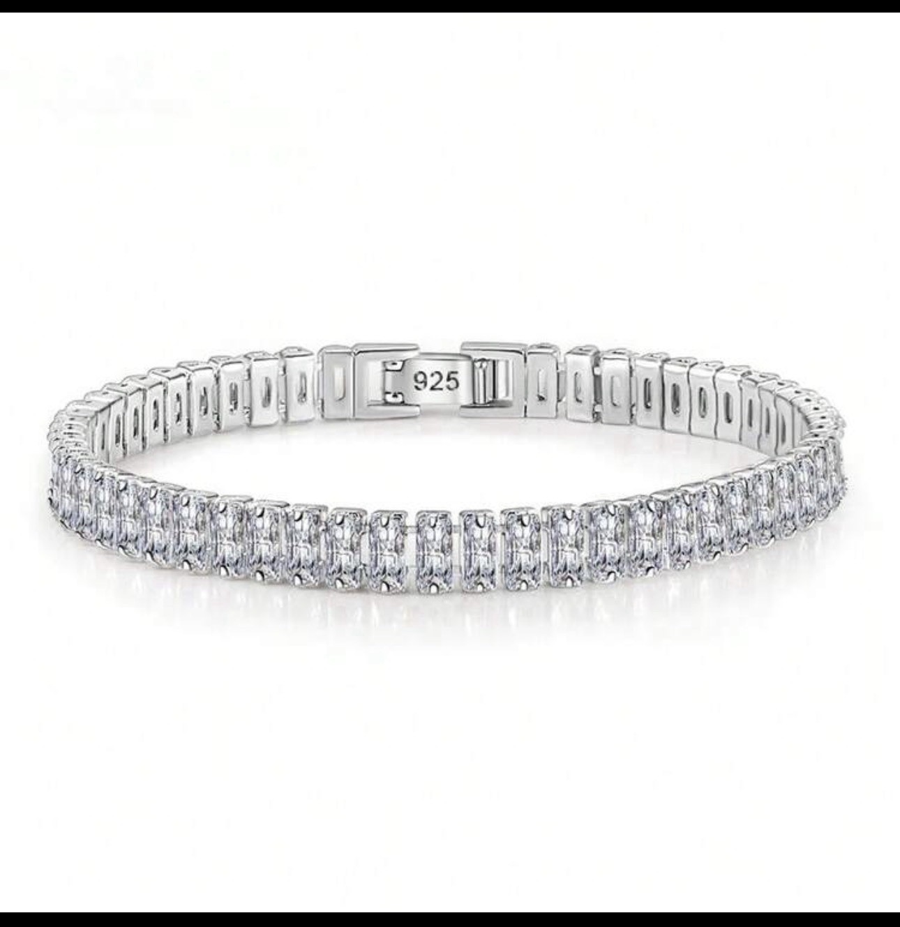 925 Sterling Silver Baguette Crystal Tennis Bracelet 2.5x5mm, Box Closure