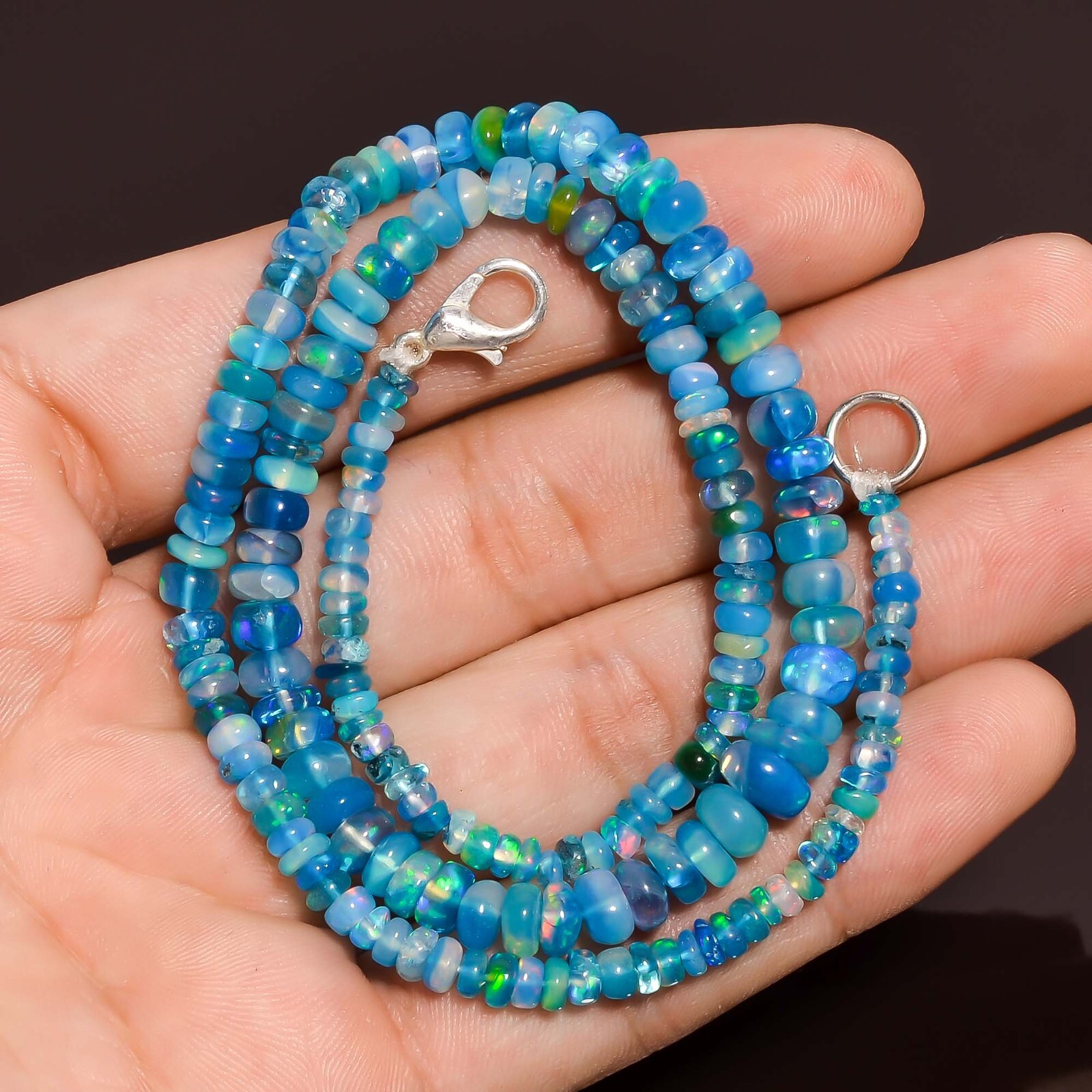 53 Ct. Blue Ethiopian Opal Gemstone Rondelle Smooth Beads Necklace 17″ A-3319