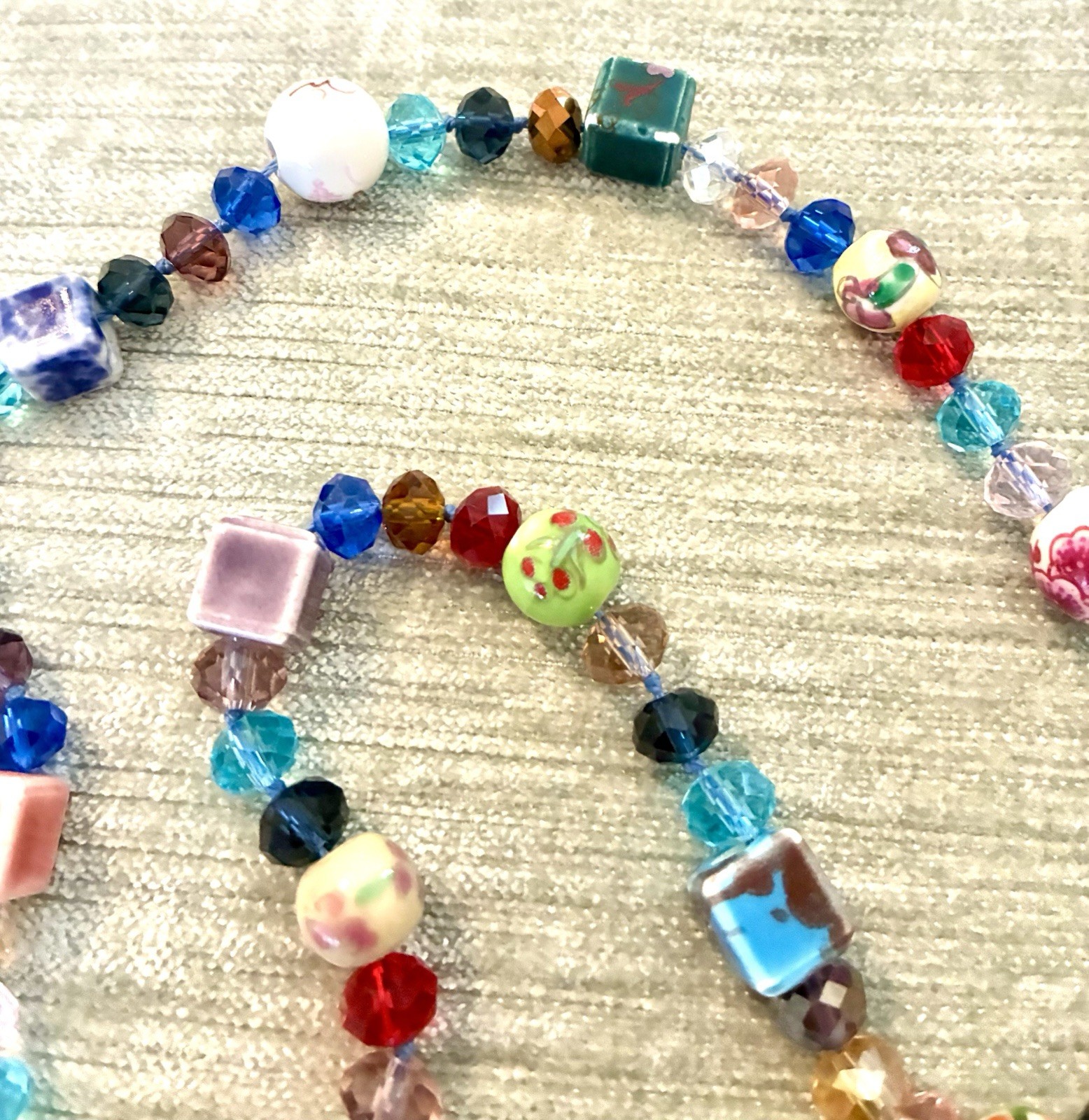 Necklace Colorful Mixed Media~Glass Beads,HandPainted Ceramic Sq/Rnd Beads 22”