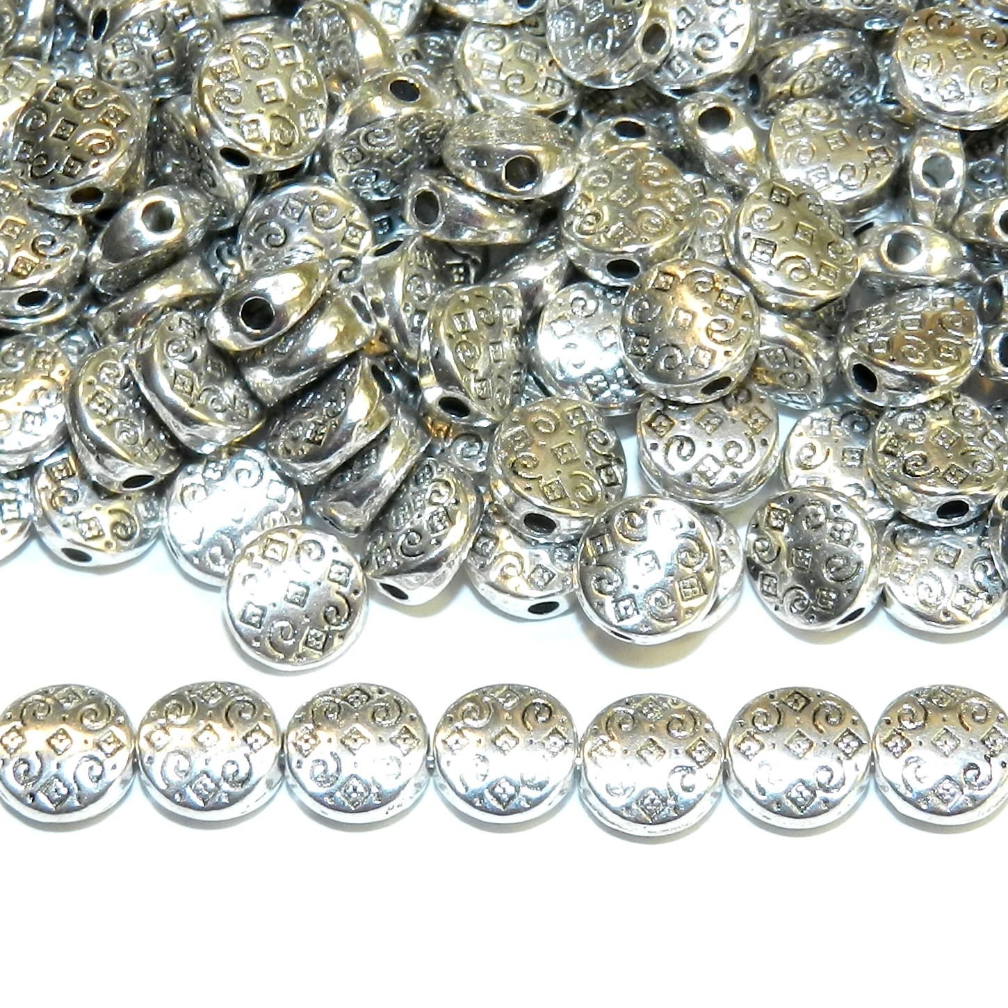 MB7169 Antiqued Silver 7mm Flat Round Diamond & Swirl Texture Metal Bead 25pc
