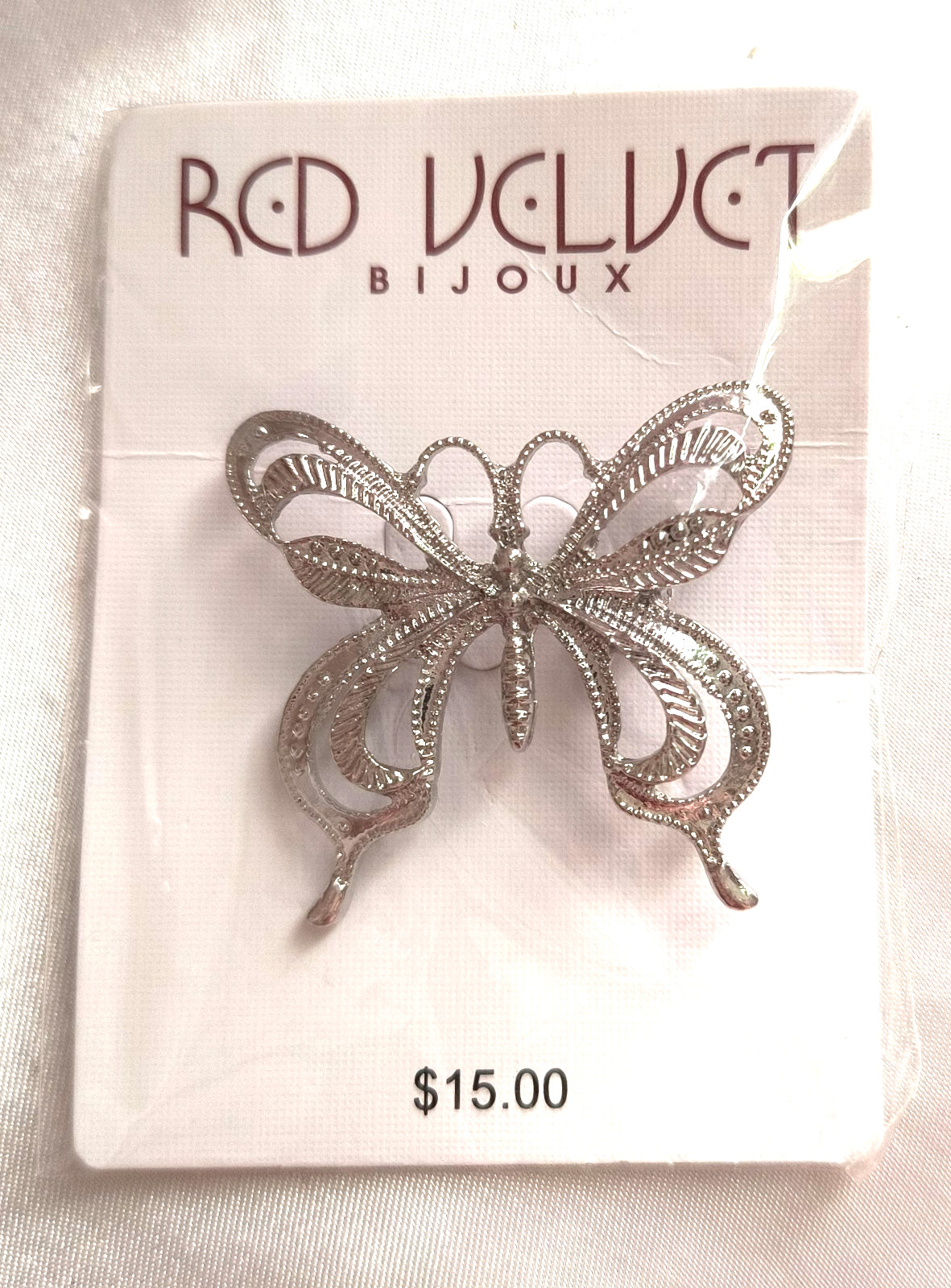 NEW Red Velt by Bijoux Women’s Jewelry Brooch Silvertone Butterfly 1.25″ x 1.25″