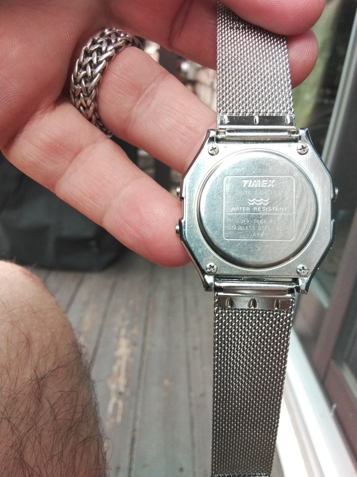 Timex Alarm Chronograph Digital Quartz Silver Mesh Band Rectangle Watch 34mm