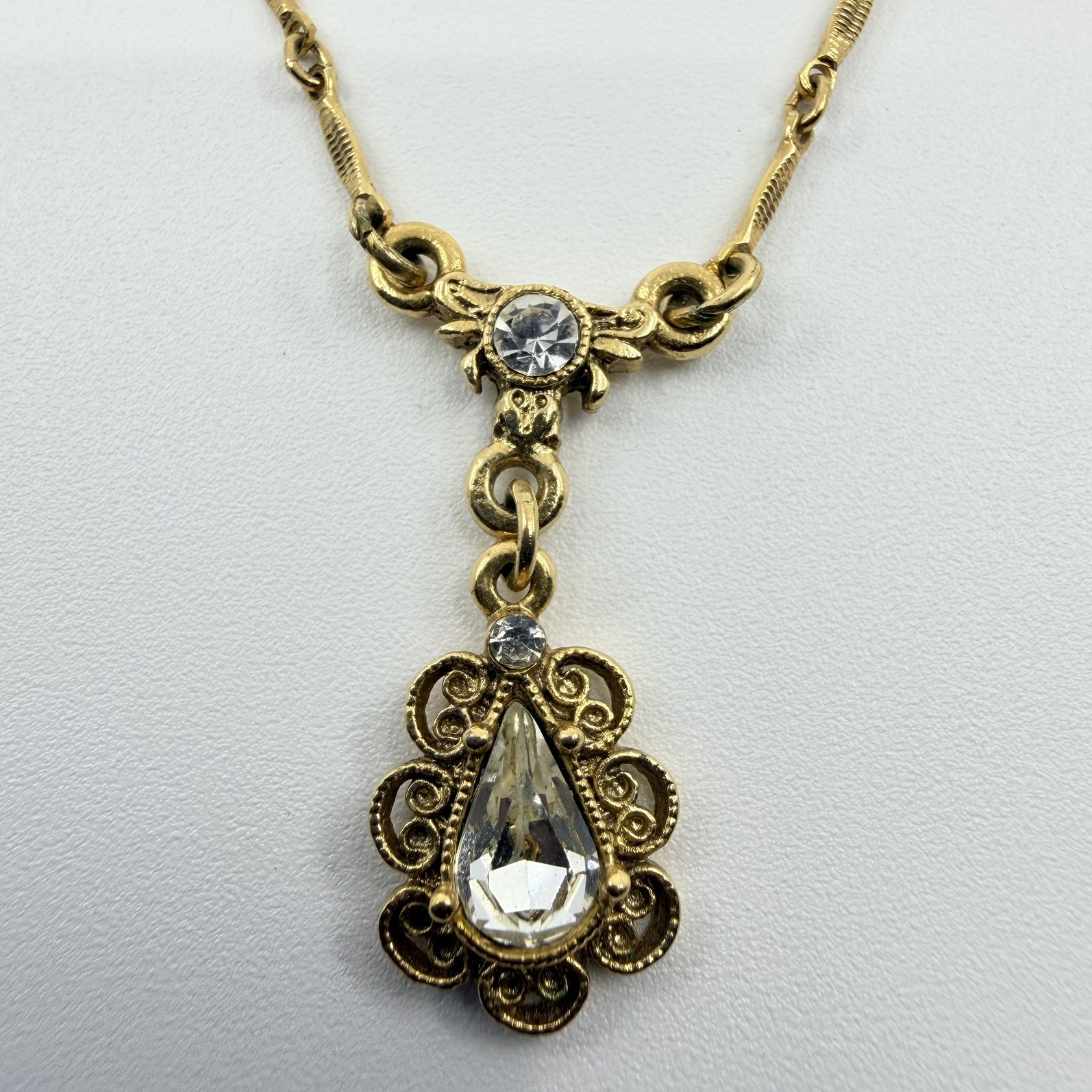 1928 Victorian Inspired Crystal Y Drop Necklace Costume Jewelry 15”