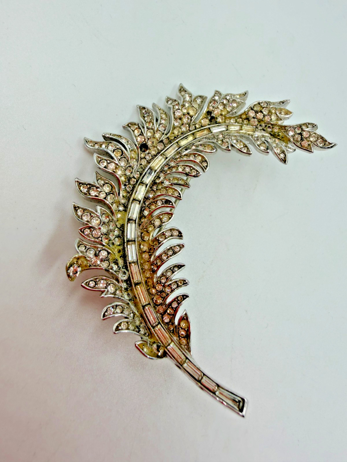 Vintage Brooch Trifari Feather Rhinestone Clear AS IS DAMAGED PJ