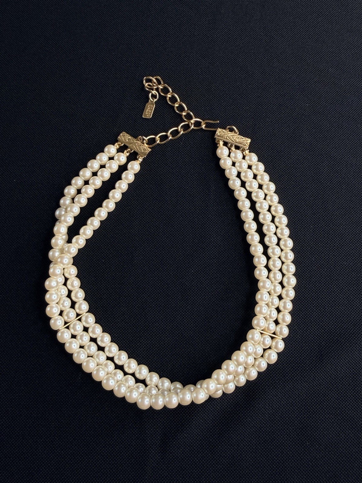 VintageVintage Signed 1928 Triple Strand Pearl Choker Necklace Gold Tone Filigre