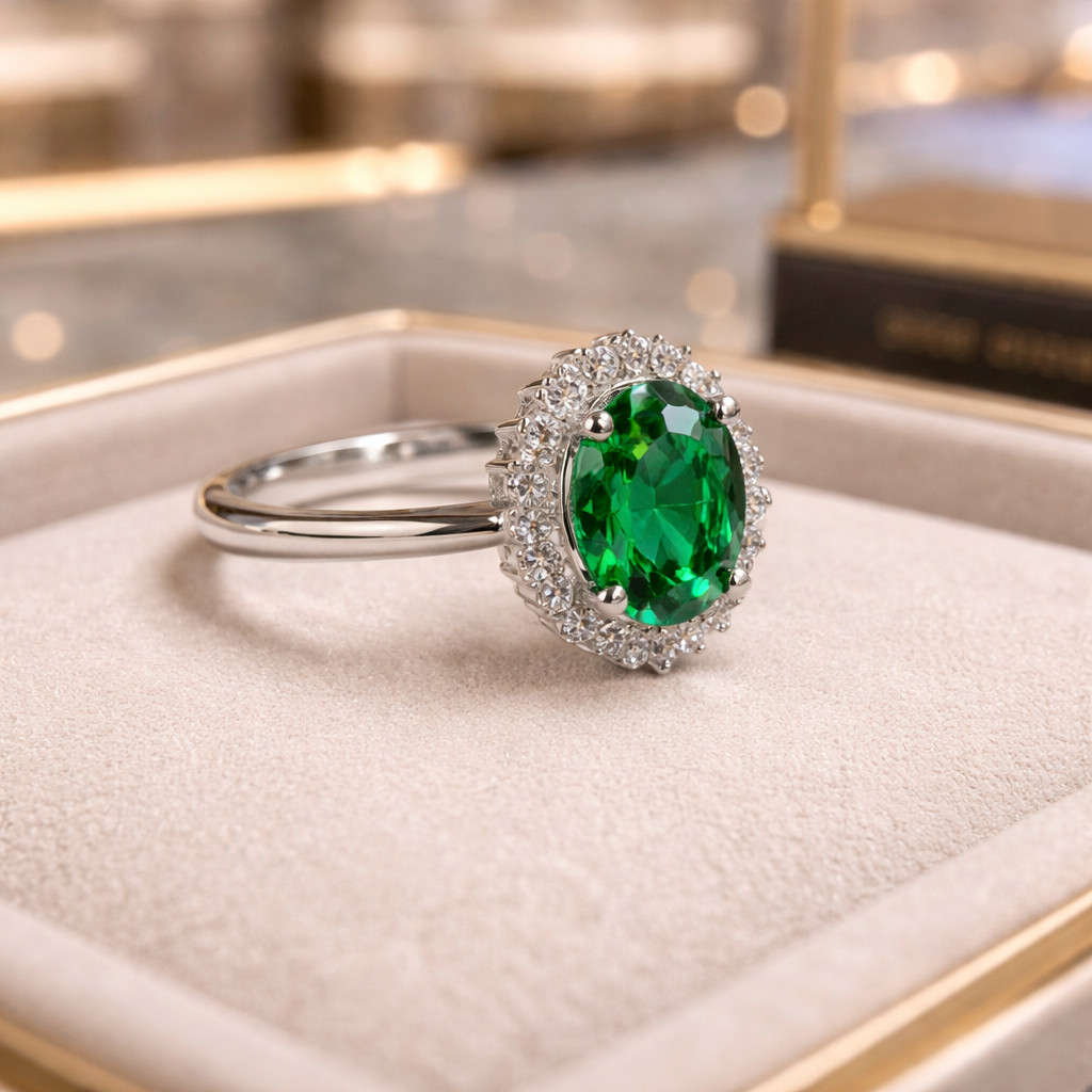 Oval Natural Emerald & Diamond Wedding Gift Ring 14k White Gold (Import Free)