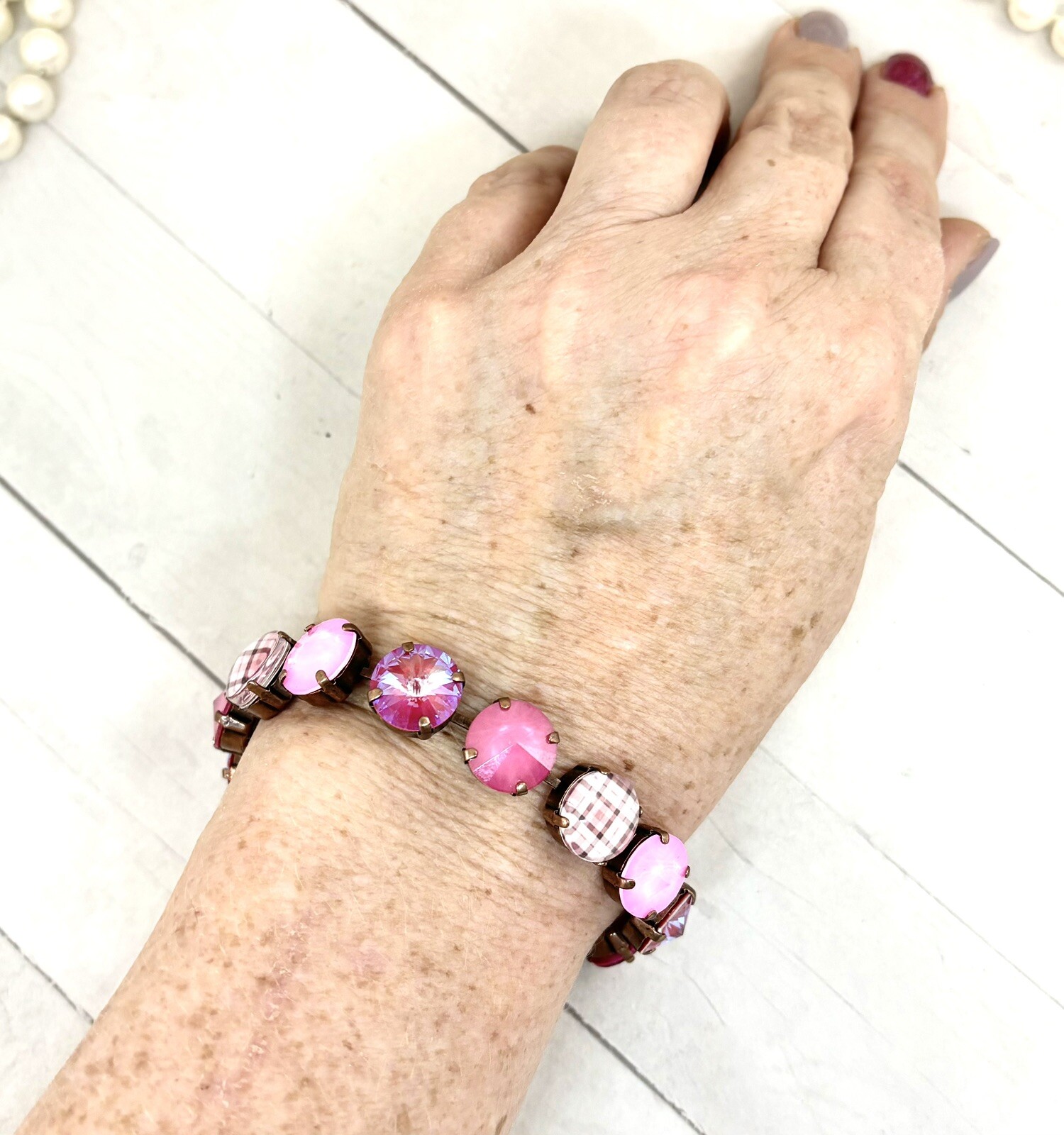 PINK Plaid Cup Chain Statement Bracelet made with Pink Austrian Crystals