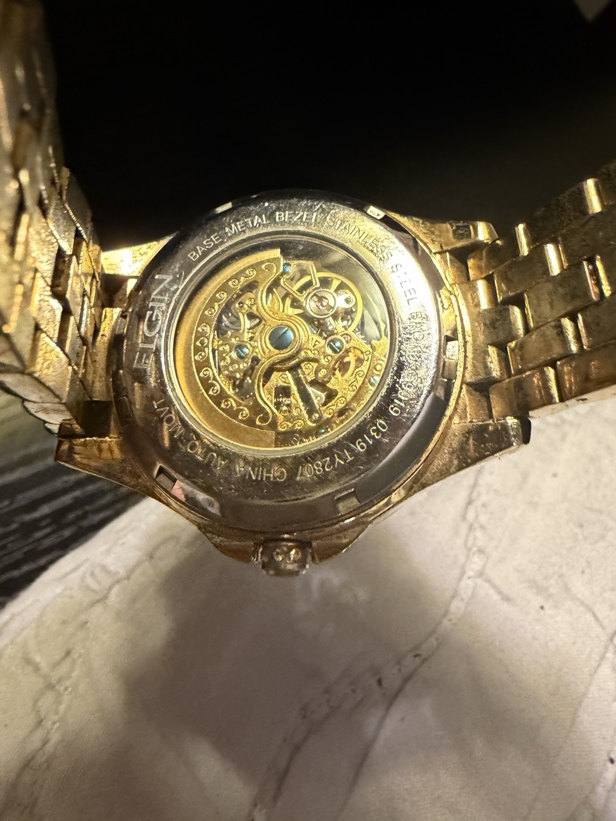 Elgin men’s Dress Mechanical Automatic Skeleton Dial Gold Bracelet Watch