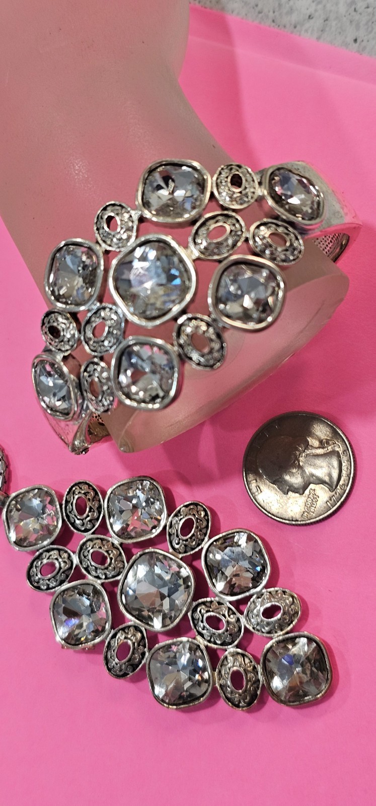 Three piece set chain pendant bracelet silver tone crystals unbranded sparkly.
