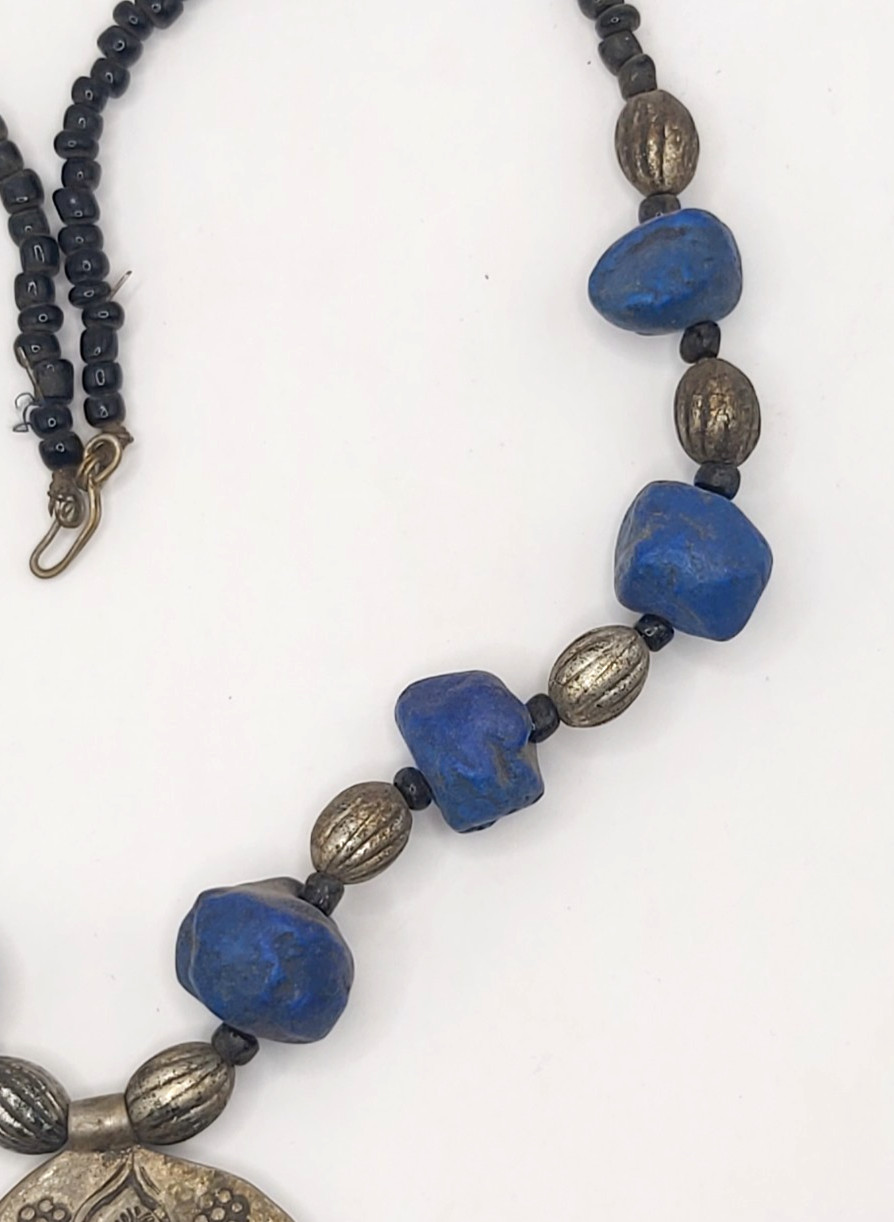 Vintage Berber Moroccan Lapis Blue Resin Bead Necklace Tribal Silver Tone Pendan