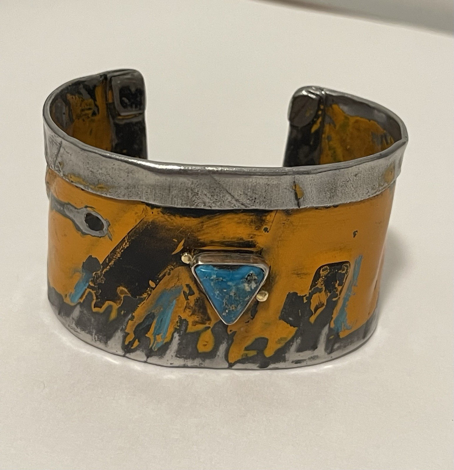 Kit Carson Handmade Metal Turquoise Cuff Bracelet hand painted Mustard Yellow