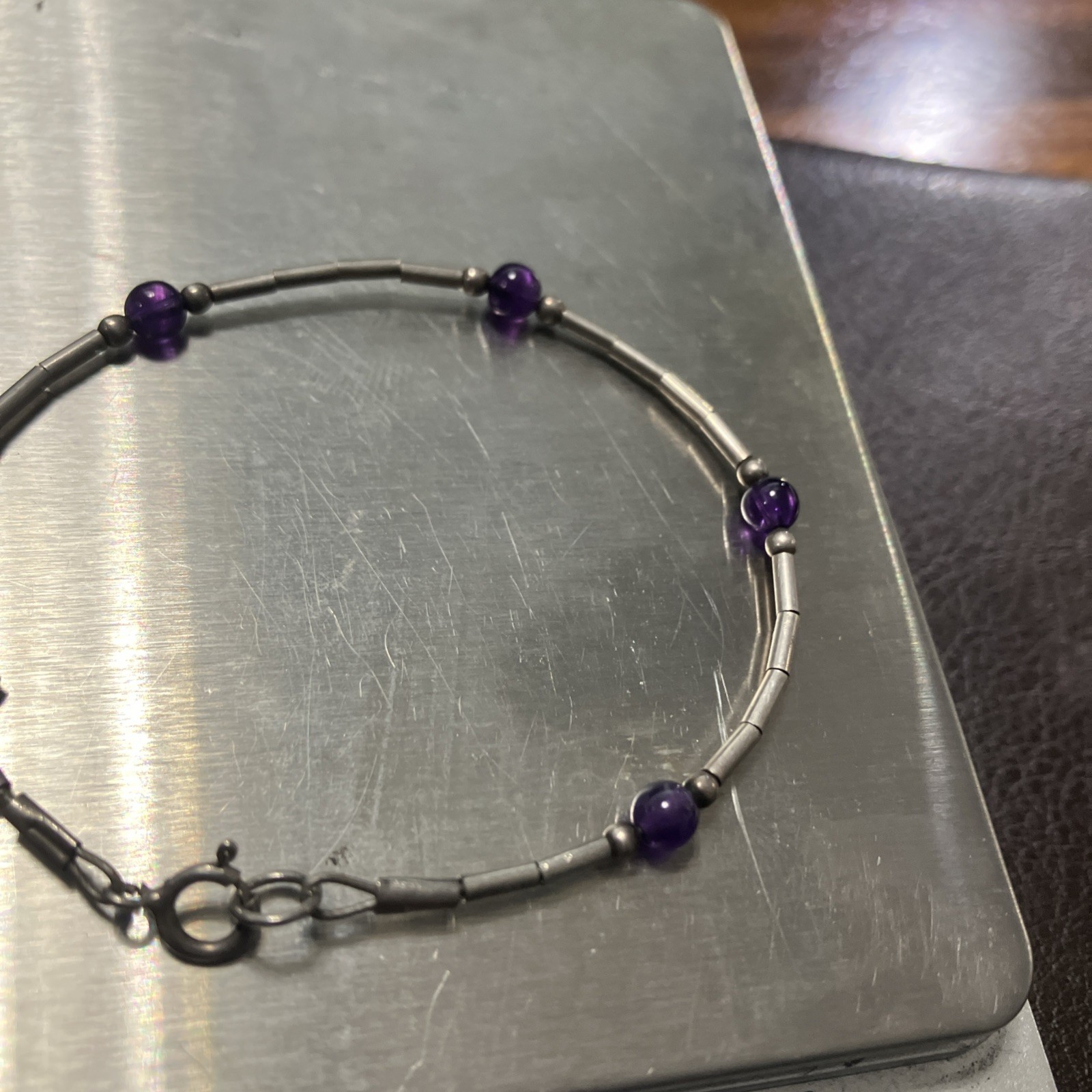 925 Sterling Silver Bracelet 2.4 Grams With Purple Beads 6.5 Inches Pre Owned