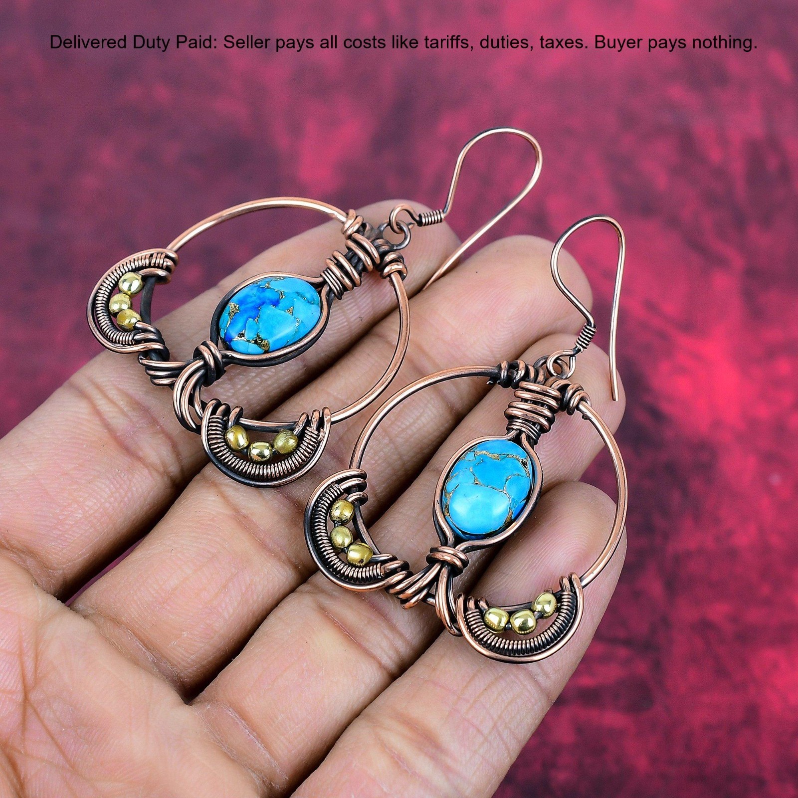 Copper Copper Blue Turquoise Stone Wife Wire Wrapped Drop Hook Earrings Jewelry