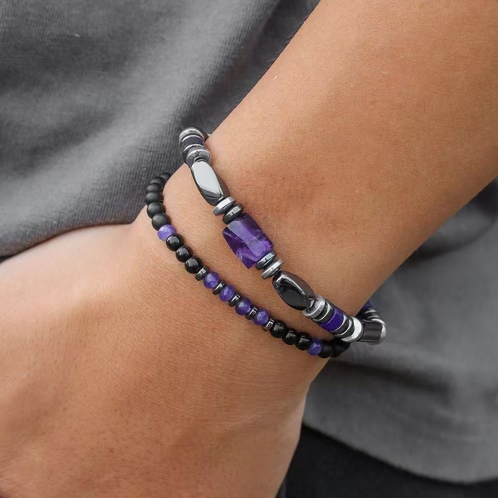Amethyst Onyx Men Bracelet 2Pcs Set 4mm Stackable Natural Stone Beads For Son