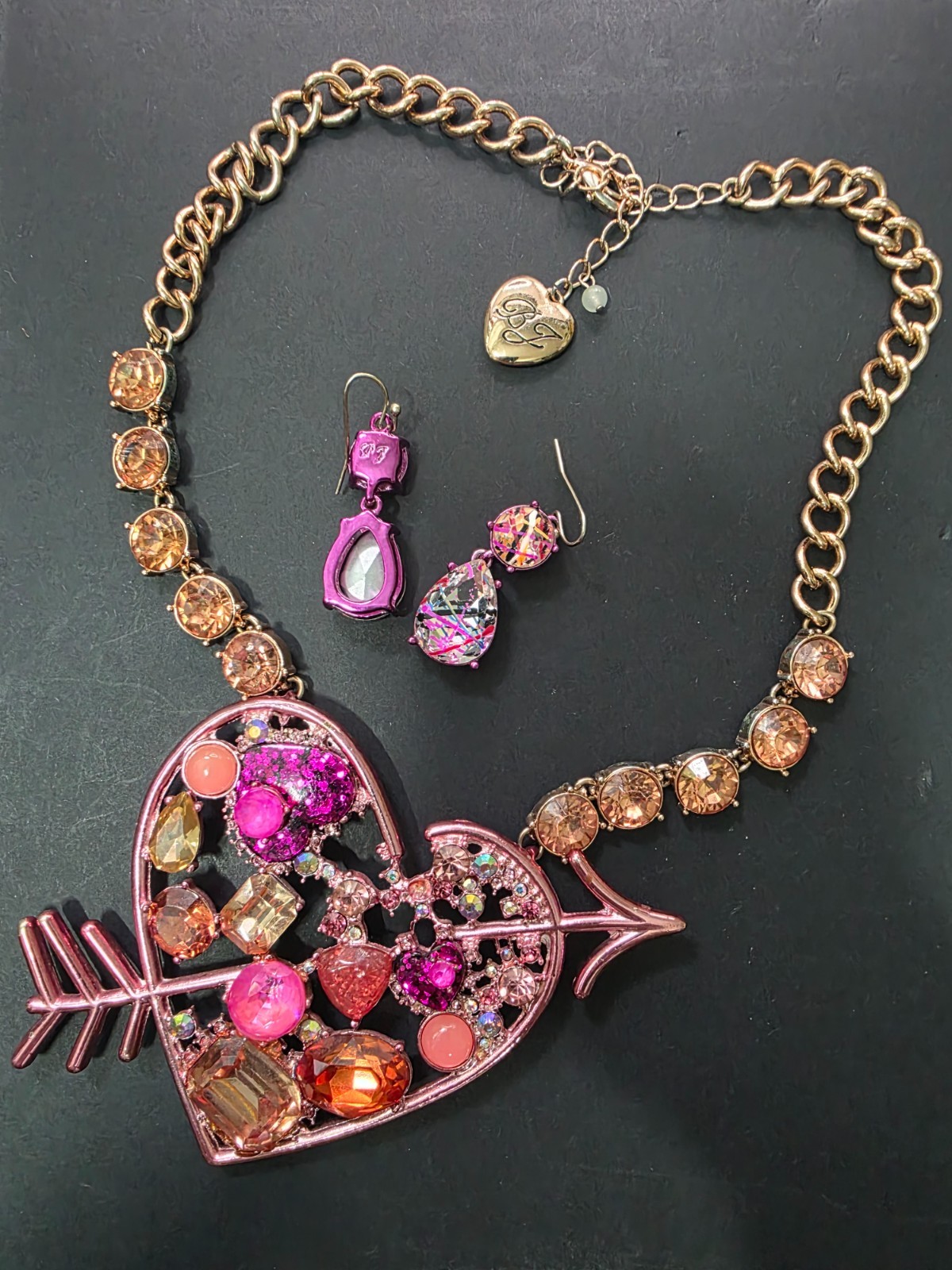 Betsey Johnson Pink Iridescent Gem Heart & Arrow Necklace Rose Gold-tone