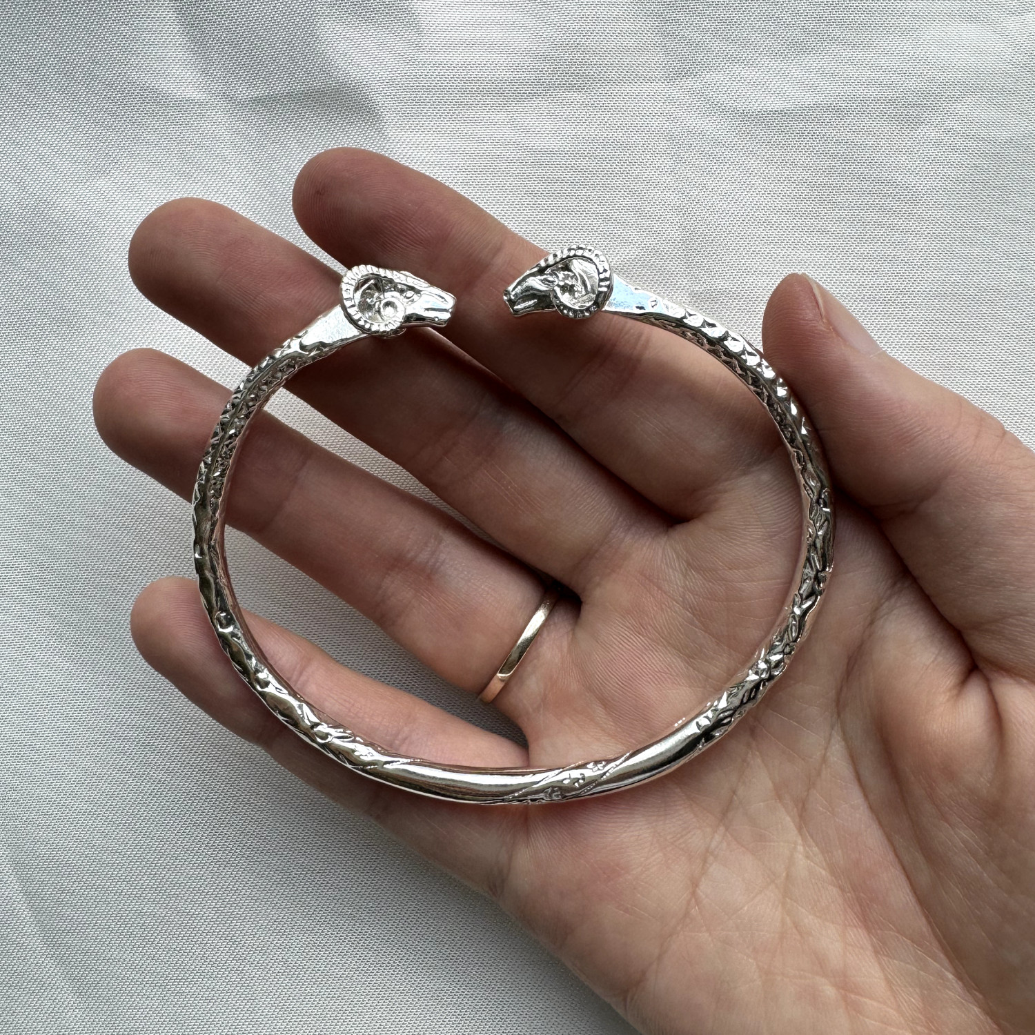 Solid .925 Sterling Silver Thick West Indian Bangle with Ram Ends, 1 piece