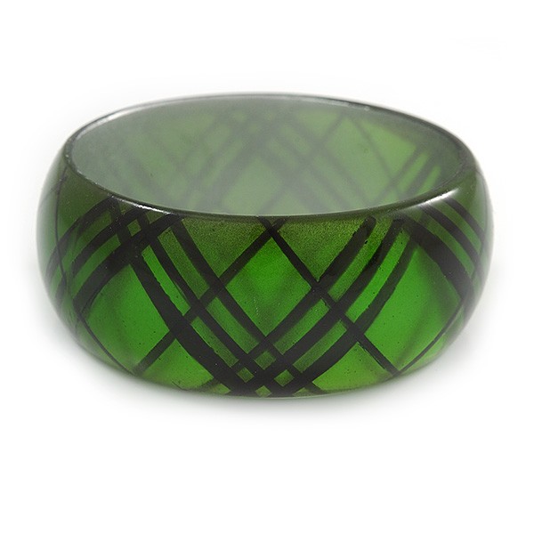 Tartan Pattern Acrylic Bangle Bracelet/ Green/ Black/ Medium -18cm Length